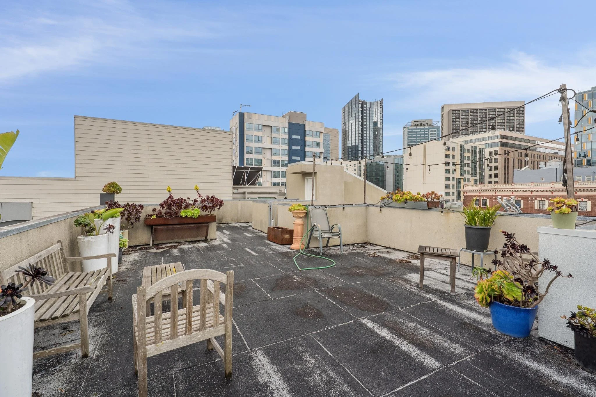 Rooftop terrace with potted plants, wooden benches, and city skyline in the background.