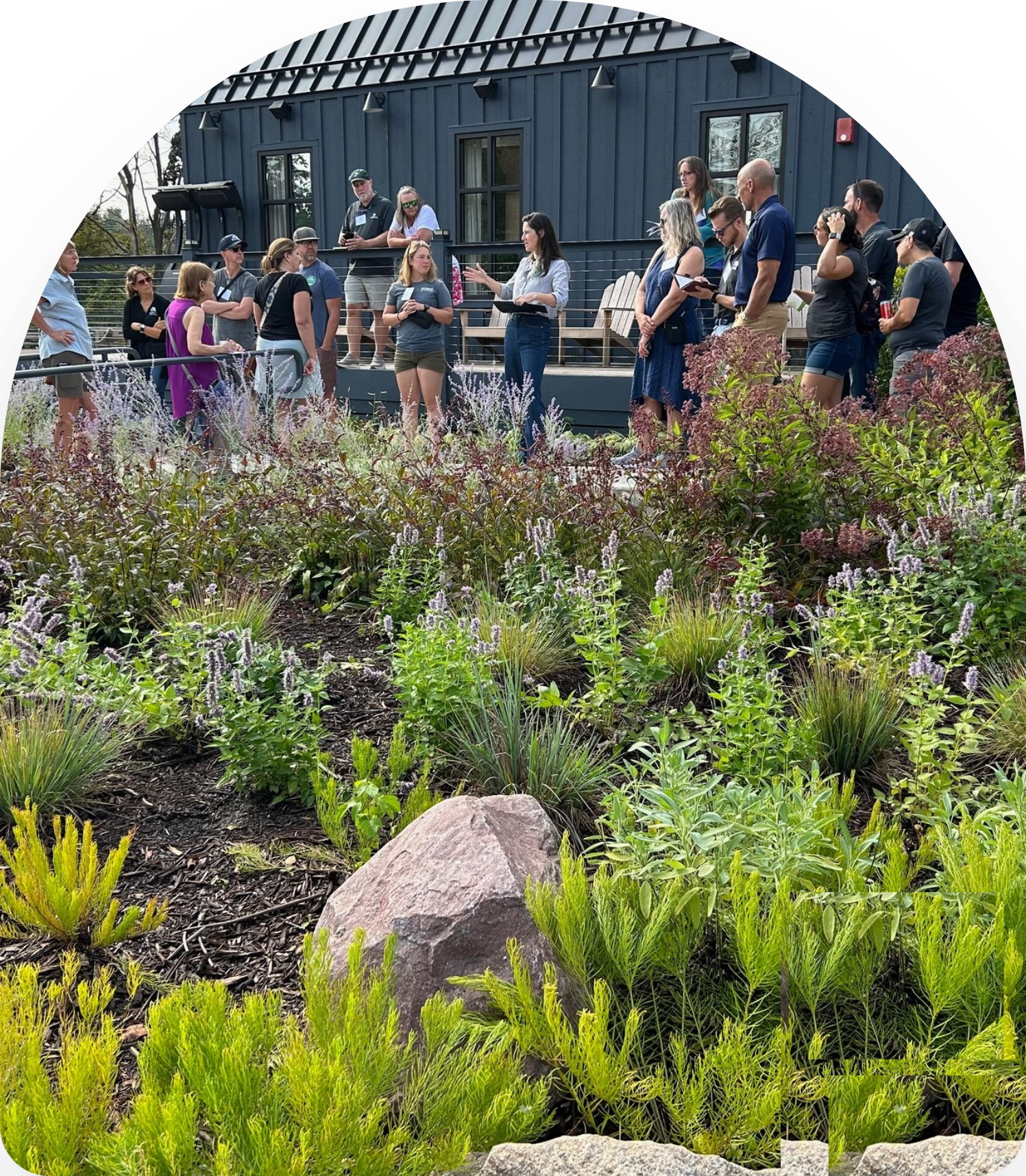 A group of people gathered outdoors in front of a blue building, listening to a woman speaking, with flowering plants and a large rock in the foreground.