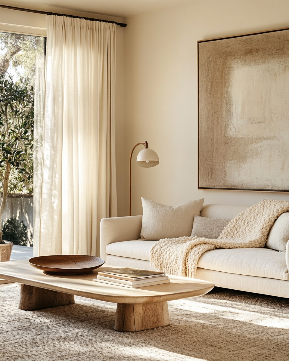 Living room with beige sofa, cream curtains, wooden coffee table, abstract wall art, and sunlight through window.