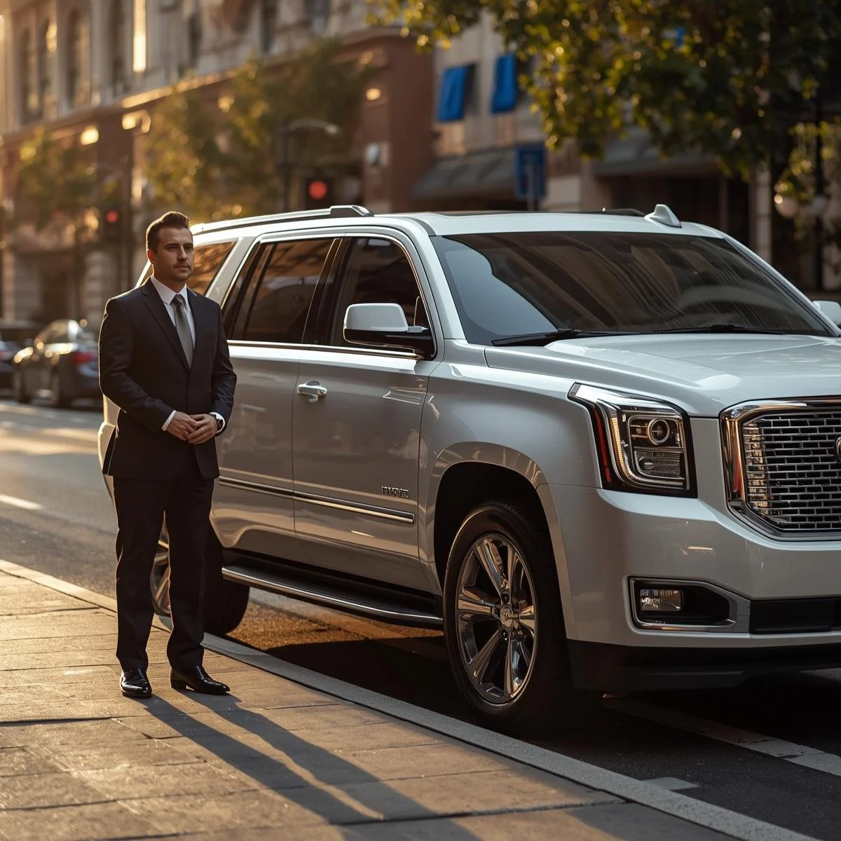 Executive chauffeur standing beside white Yukon Denali XL for a scheduled two-hour service in San Antonio.