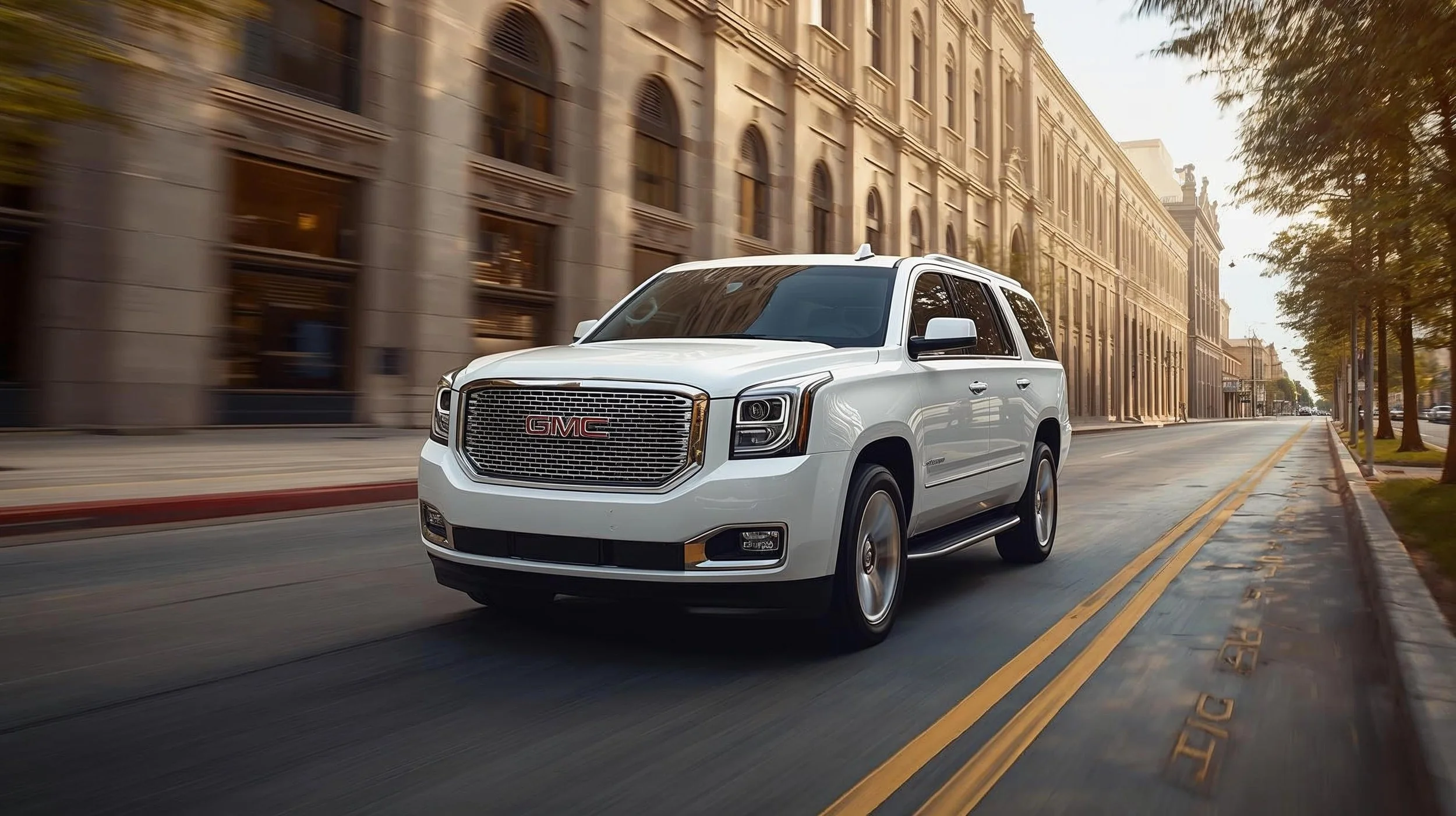 White GMC Yukon XL Denali providing executive chauffeur service in downtown San Antonio, Texas.