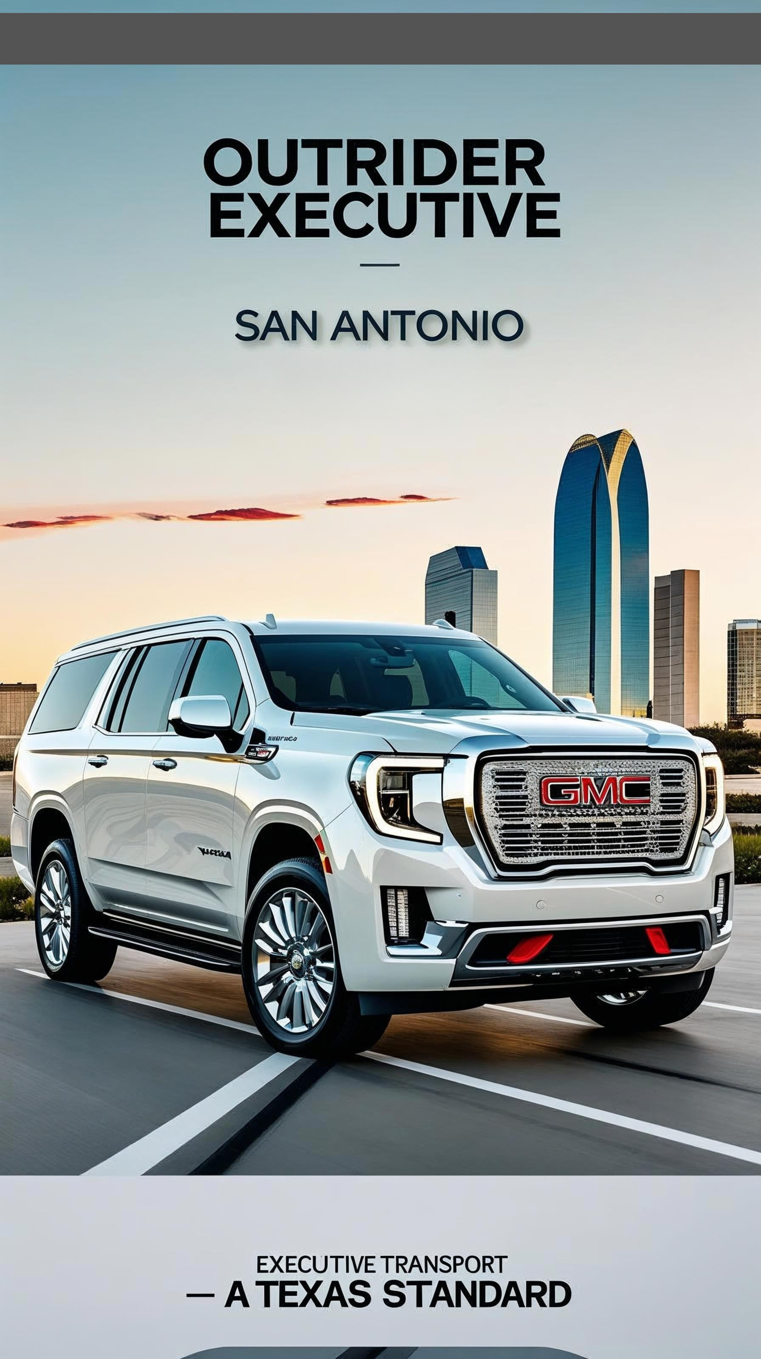 Outrider Executive providing professional chauffeur service in San Antonio with white Yukon Denali XL.