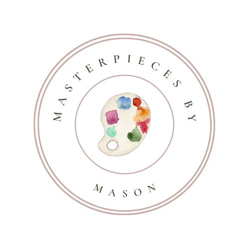 Logo with a paint palette and colorful paint splotches, surrounded by the text 'Masterpieces by Mason' in a circular arrangement.