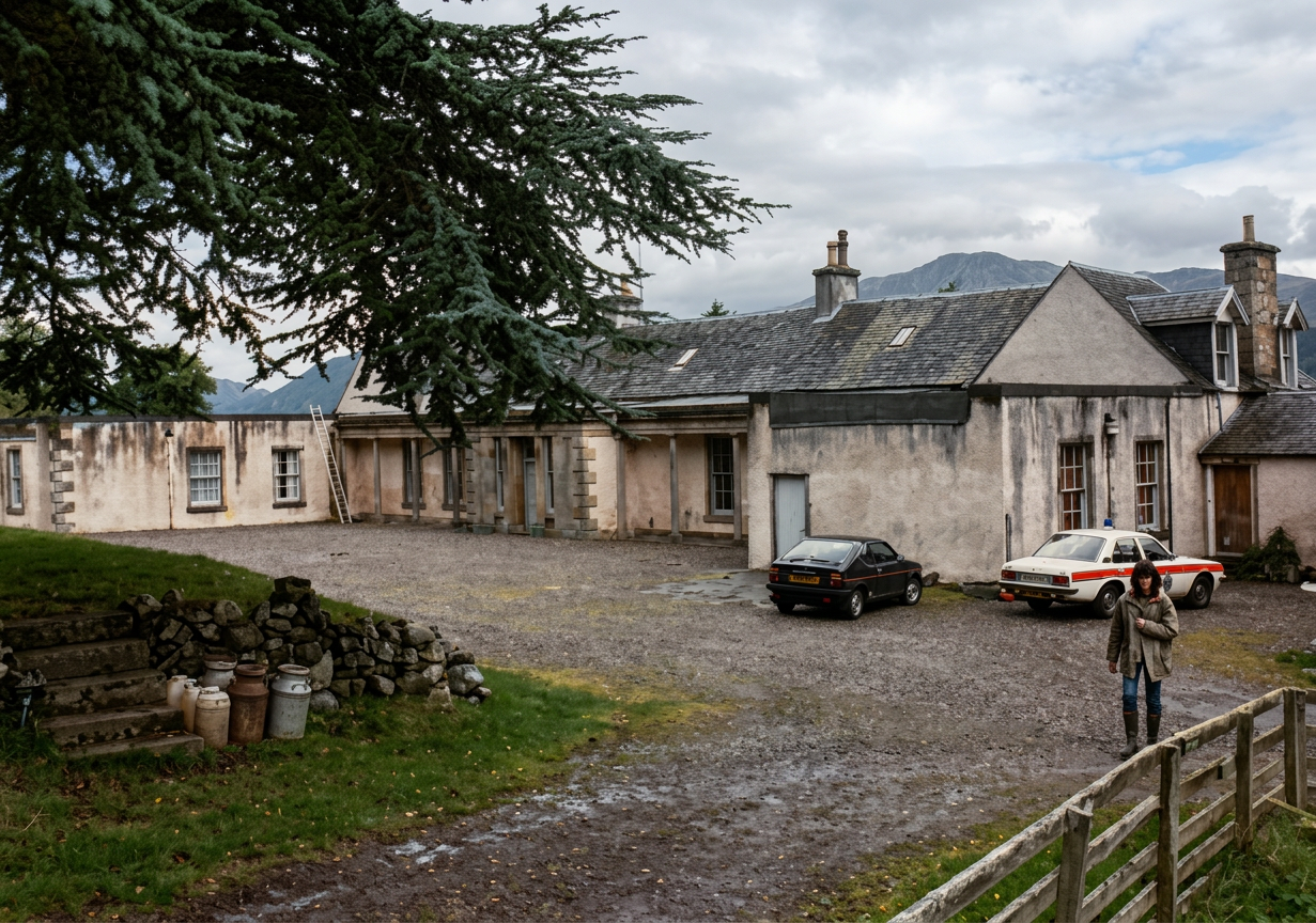 View facing the front entrance of Boleskine Lodge near Foyers, Scotland along the SE bank of Loch Ness. The woman approaching us was thought to be the wife of Page’s caretaker, Malcolm Dent. She was none too happy to see uninvited guests on the prope