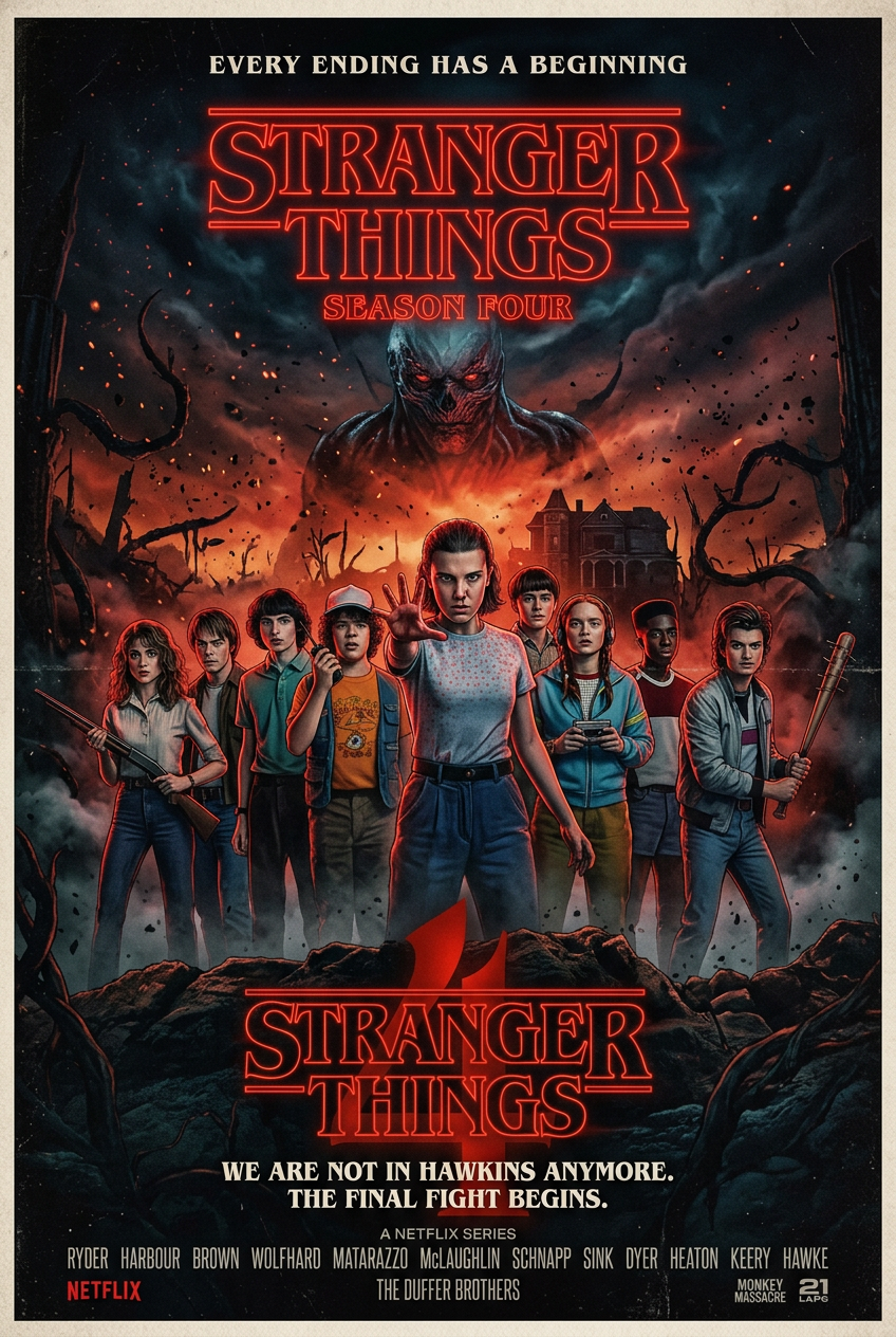 Poster for Stranger Things Season 4 featuring a group of young characters standing in front of a demonic creature in a dark, eerie forest with a large haunted house in the background. The title 'Stranger Things' appears prominently in red neon, with 
