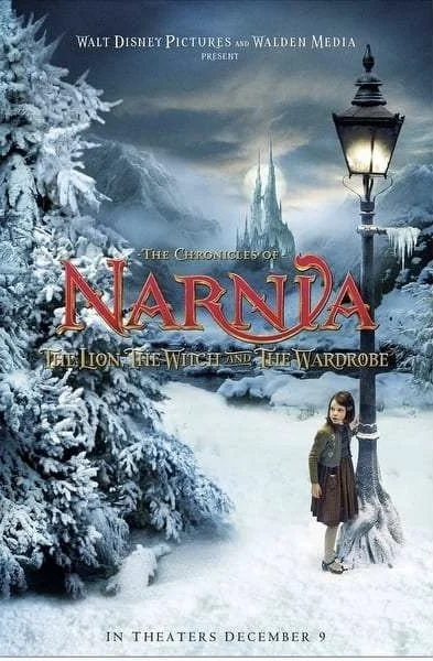 Movie poster for "The Chronicles of Narnia: The Lion, The Witch and The Wardrobe," featuring a snowy landscape, a young girl, and a lantern post.