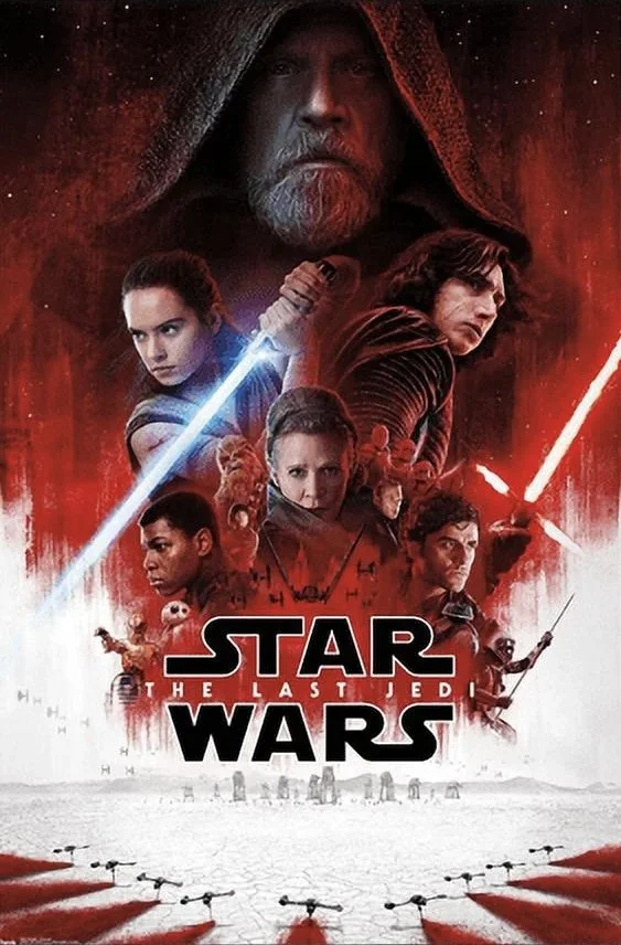 Poster for Star Wars: The Last Jedi featuring several characters in a red and black theme, including a hooded figure in the background, female and male characters with lightsabers, and the Star Wars logo at the bottom.