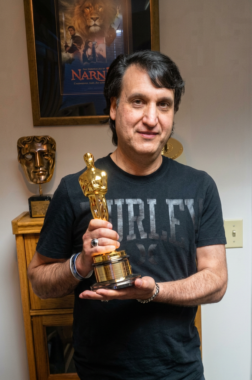 A man with dark hair in a black T-shirt holding an Oscar award statue, standing in a room with a Narnia poster and theatrical masks on the wall in the background.