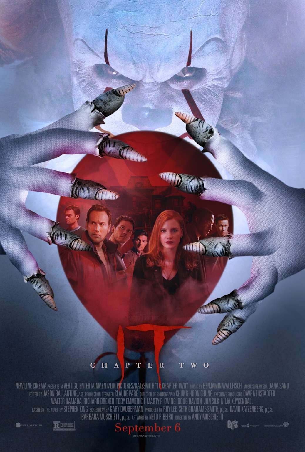 The poster for the movie "It Chapter Two" features a large, eerie clown face in the background with sinister eyes. In the foreground, a hand with long, sharp, zombie-like fingers is holding a red ball. Inside the ball, there are images of five main c