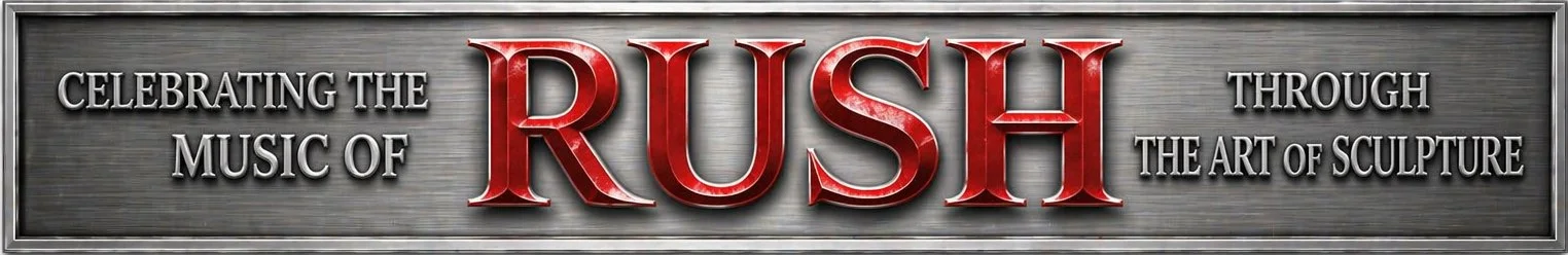 Promotional banner for 'Celebrating the Music of Rush through the Art of Sculpture' featuring the band name 'Rush' in large, red 3D text, with event details in silver text on a metallic background.