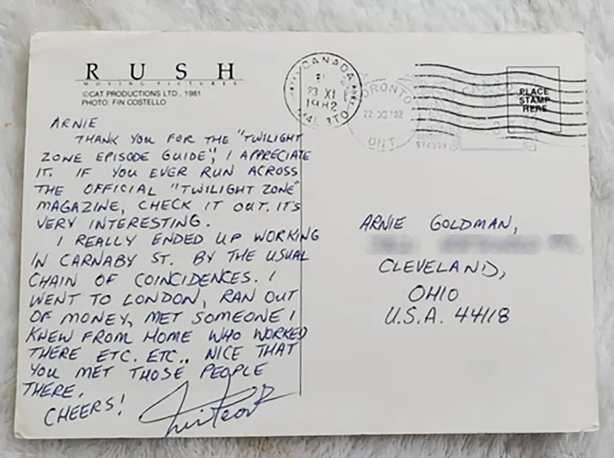 This is the postcard that Neil send to me in response to my letter and the Twilight Episode Guide. At the end he references “those people”. Possible translation: Stay out of my business kid. Or maybe he just ran out postcard space. 😂 November ‘82. ©
