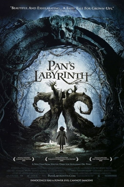 Movie poster for 'Pan's Labyrinth' featuring a dark forest scene with a carved stone archway at the top, a mysterious creature, and a young girl standing in the woods.