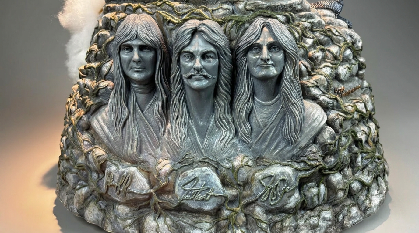 A metallic sculpture of three men with long hair, surrounded by vines and leaves. The men resemble iconic figures from The Beatles, with the middle figure having a mustache. There are signatures or inscriptions at the base of the sculpture.