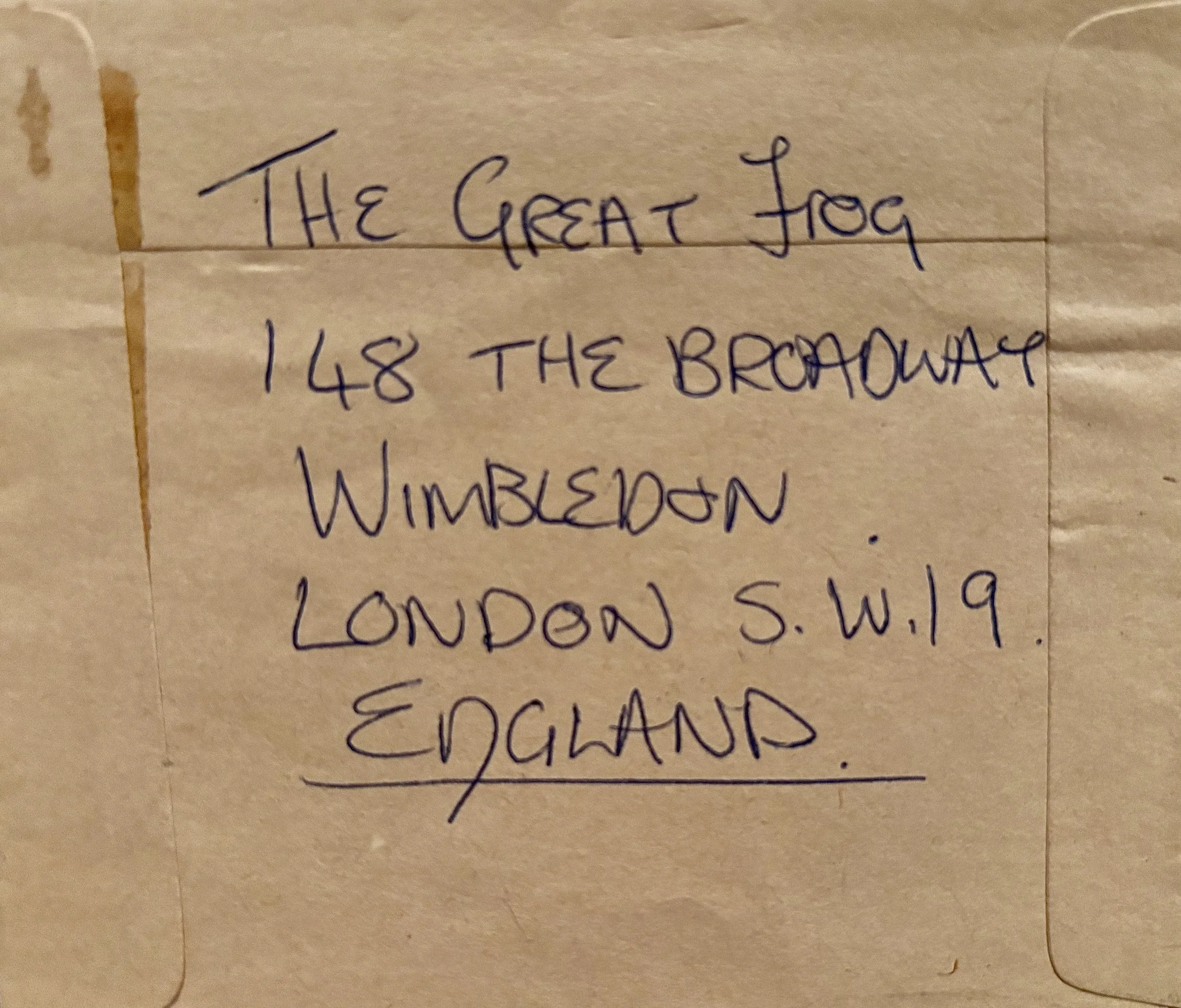 Handwritten address by Paterson Riley, Founder of The Great Frog and Neils friend from when he worked at the poster and Novelty shop next door on Carnaby Street. This is the address that they had for their second location in 1982. ©2026 therushsculpt