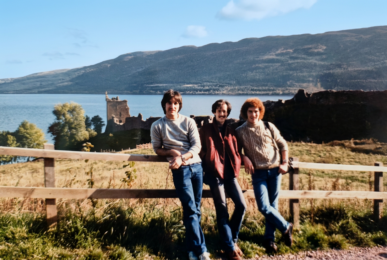 The three Rush travelers: L-R, Arnold, Kenny, and Ian taking in the sights  around  the banks of Loch Ness at Uruquart Castle, in the town of Drumnadrochit,  Scotland.  Say that ten times fast! October ‘82 - Photo by AG ©2026 therushsculptor..com