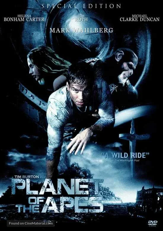 Movie poster for 'Planet of the Apes' featuring characters and apes, with a dark, futuristic theme.