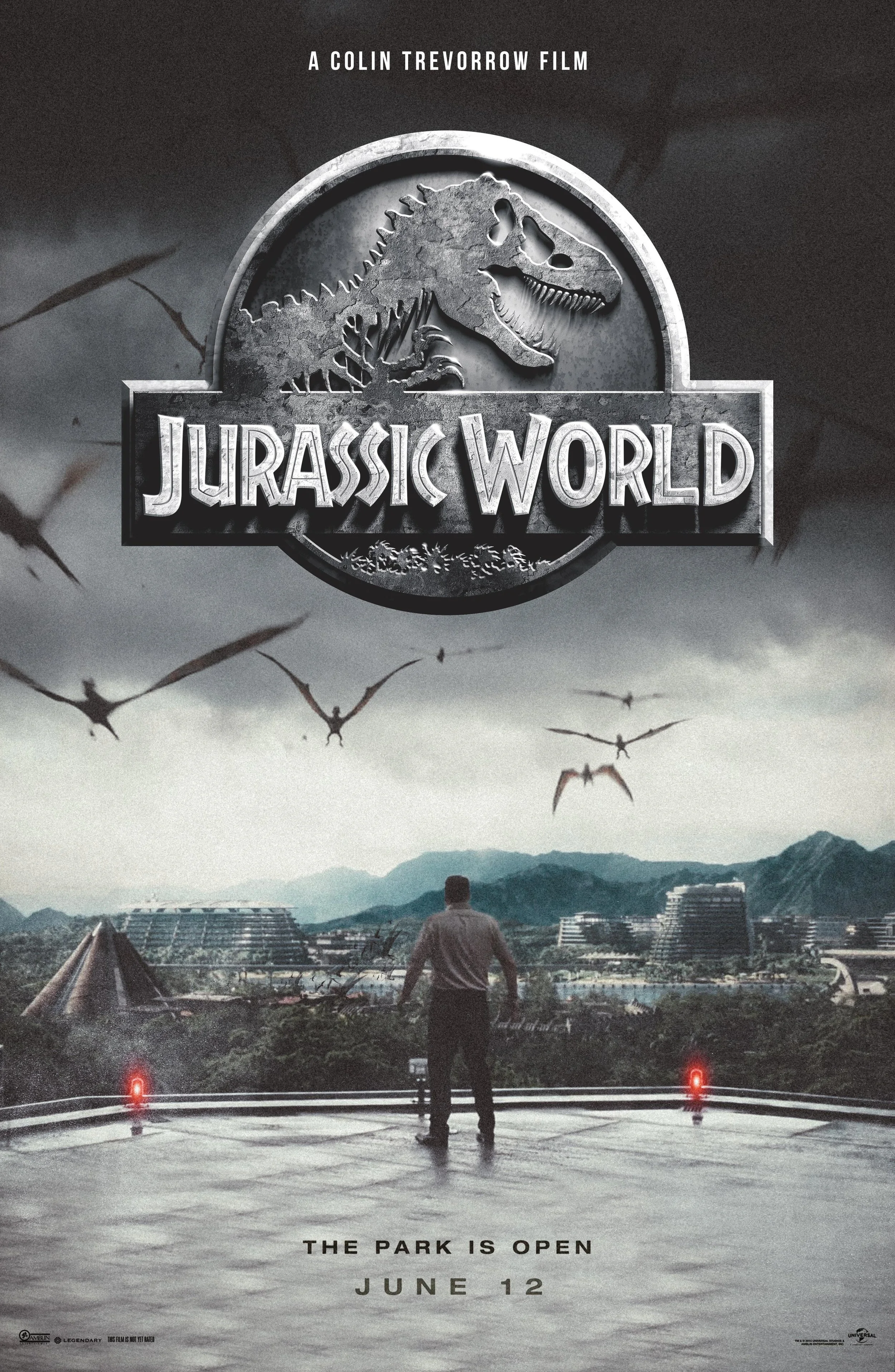 Poster for the movie "Jurassic World" featuring a T-Rex head logo at the top, a person standing on a walkway in the foreground, and flying pterosaurs in the sky over a futuristic cityscape, with the text "The park is open June 12" at the bottom.
