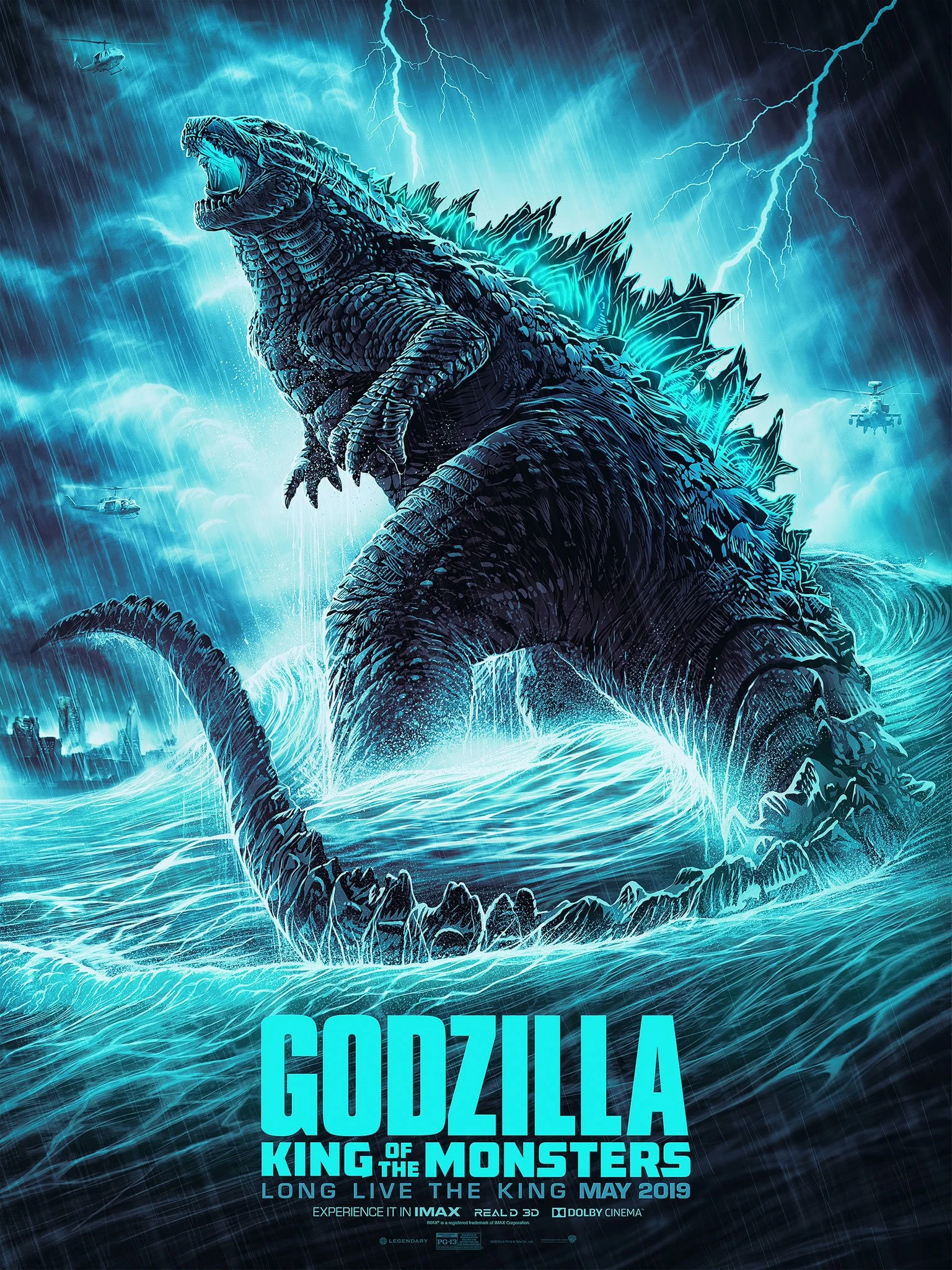 Poster for the movie 'Godzilla: King of the Monsters,' showing a giant Godzilla monster in a storm with lightning, waves, helicopters, and military vehicles, with the release date May 2019.