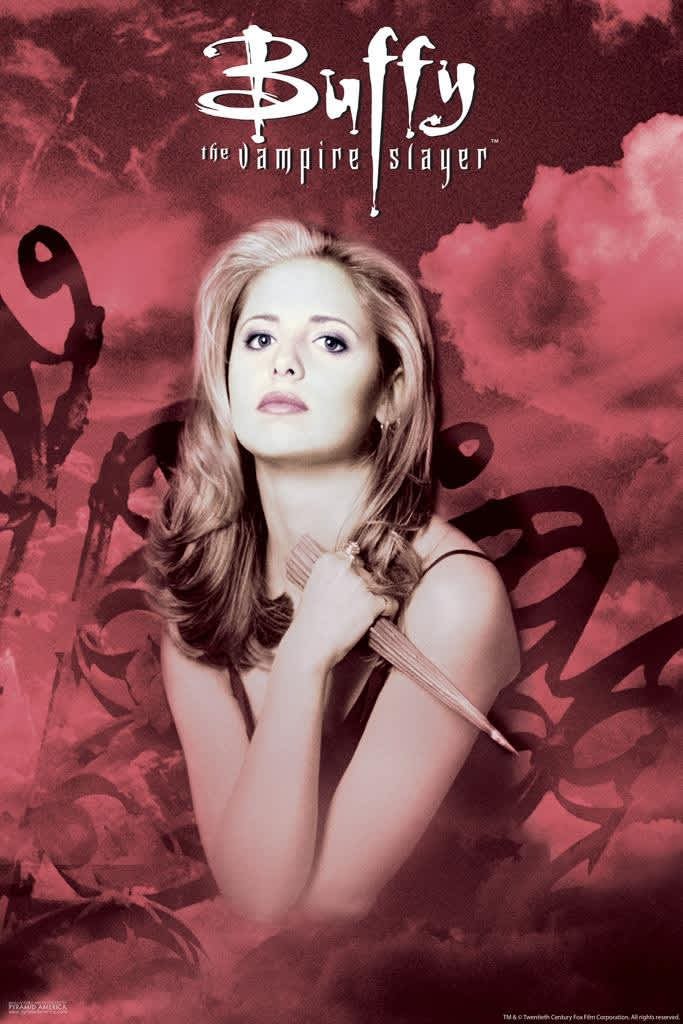 Cover art for Buffy the Vampire Slayer, featuring a woman with long light brown hair, holding a wooden stake, set against a background with dark clouds and shadowy figures.