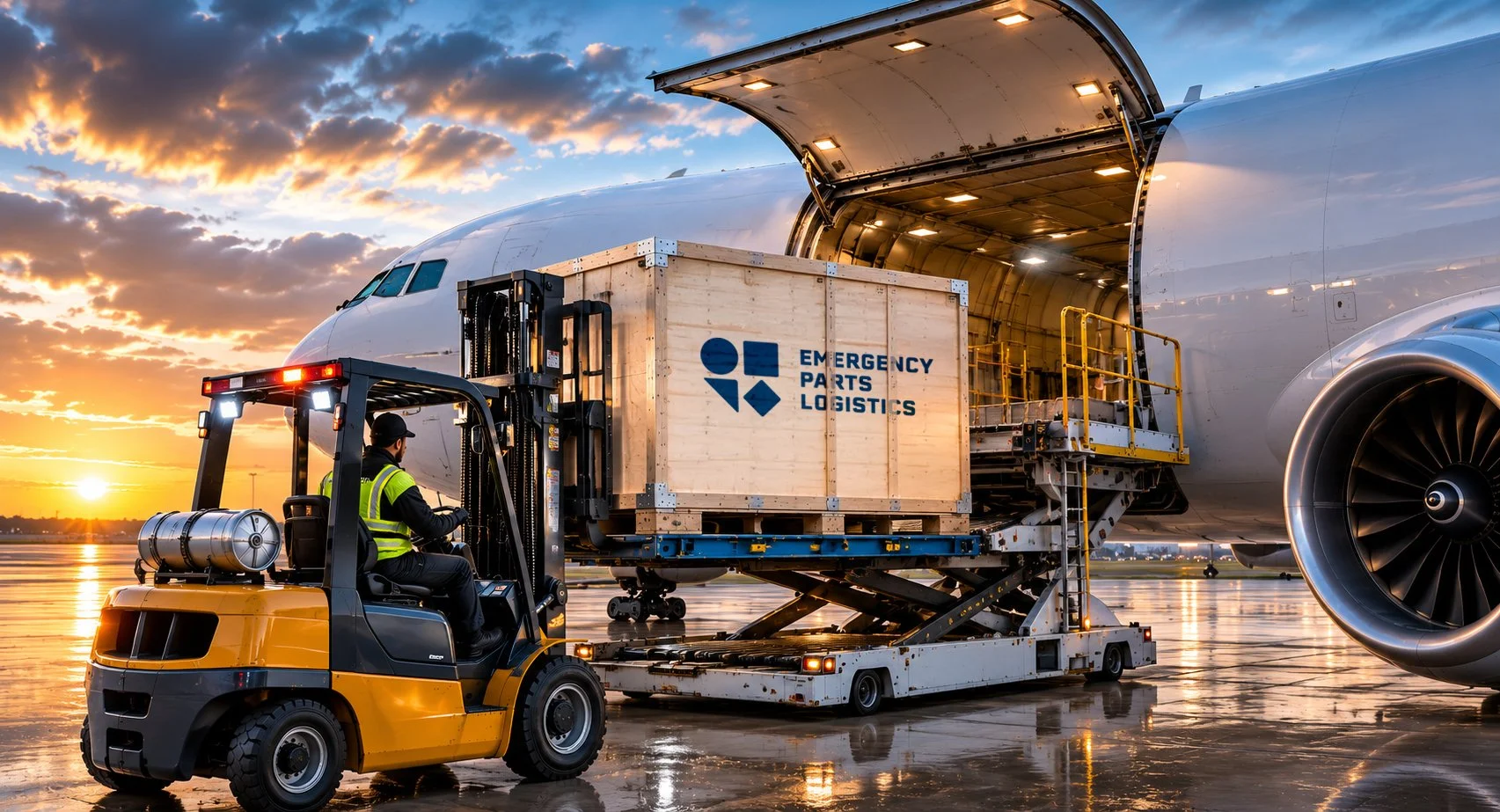 A cargo plane at an airport being loaded with a wooden crate labeled Emergency Parts Logistics by a forklift and ground crew at sunset.