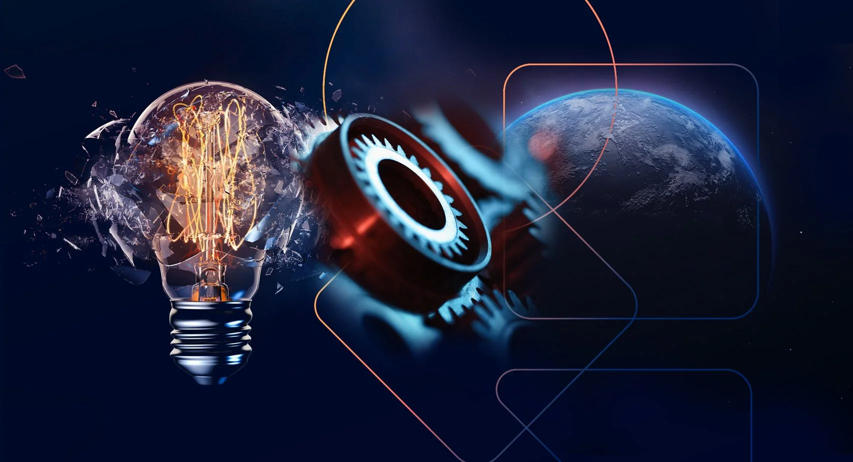 A digital illustration of a broken incandescent light bulb, a gear, and planet Earth in the background with glowing lines and abstract elements.