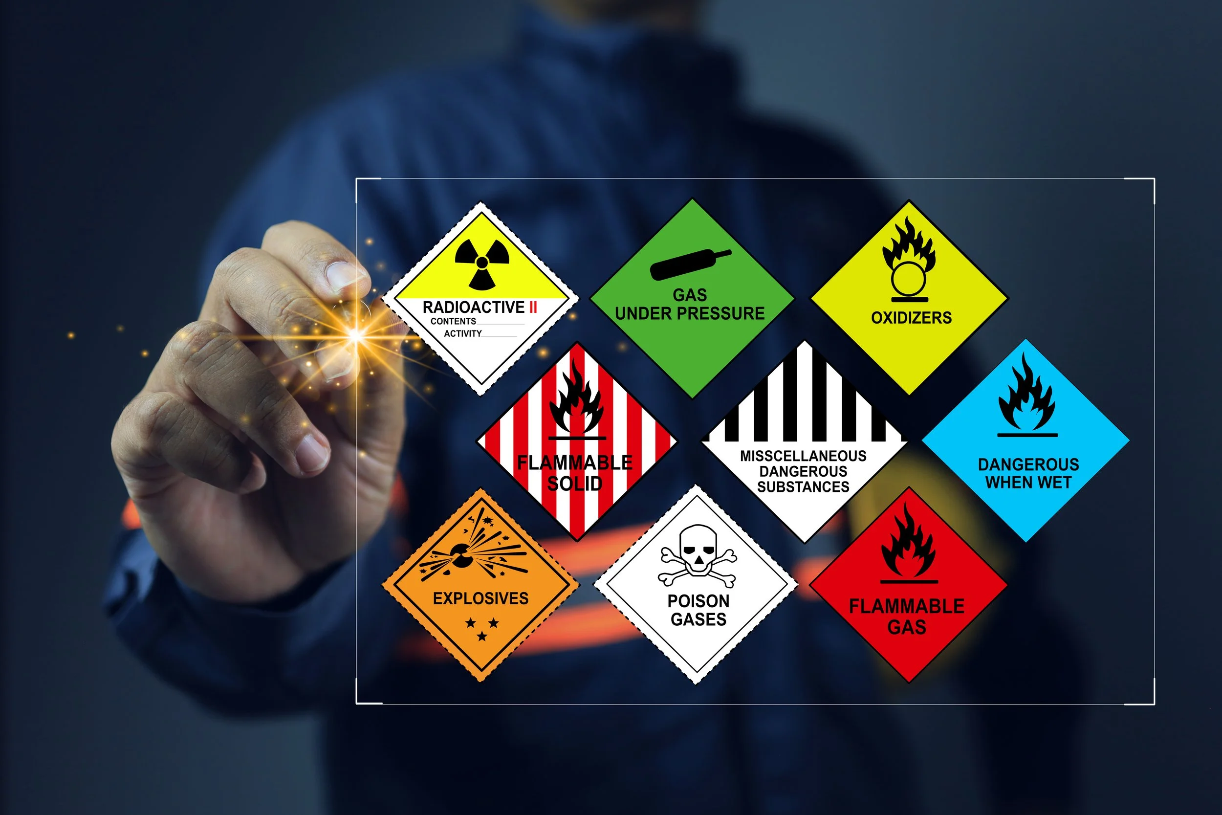 Close-up of a hand pointing at a series of safety hazard labels, including radioactive, flammable solid, explosives, poison gases, and dangerous when wet, among others.
