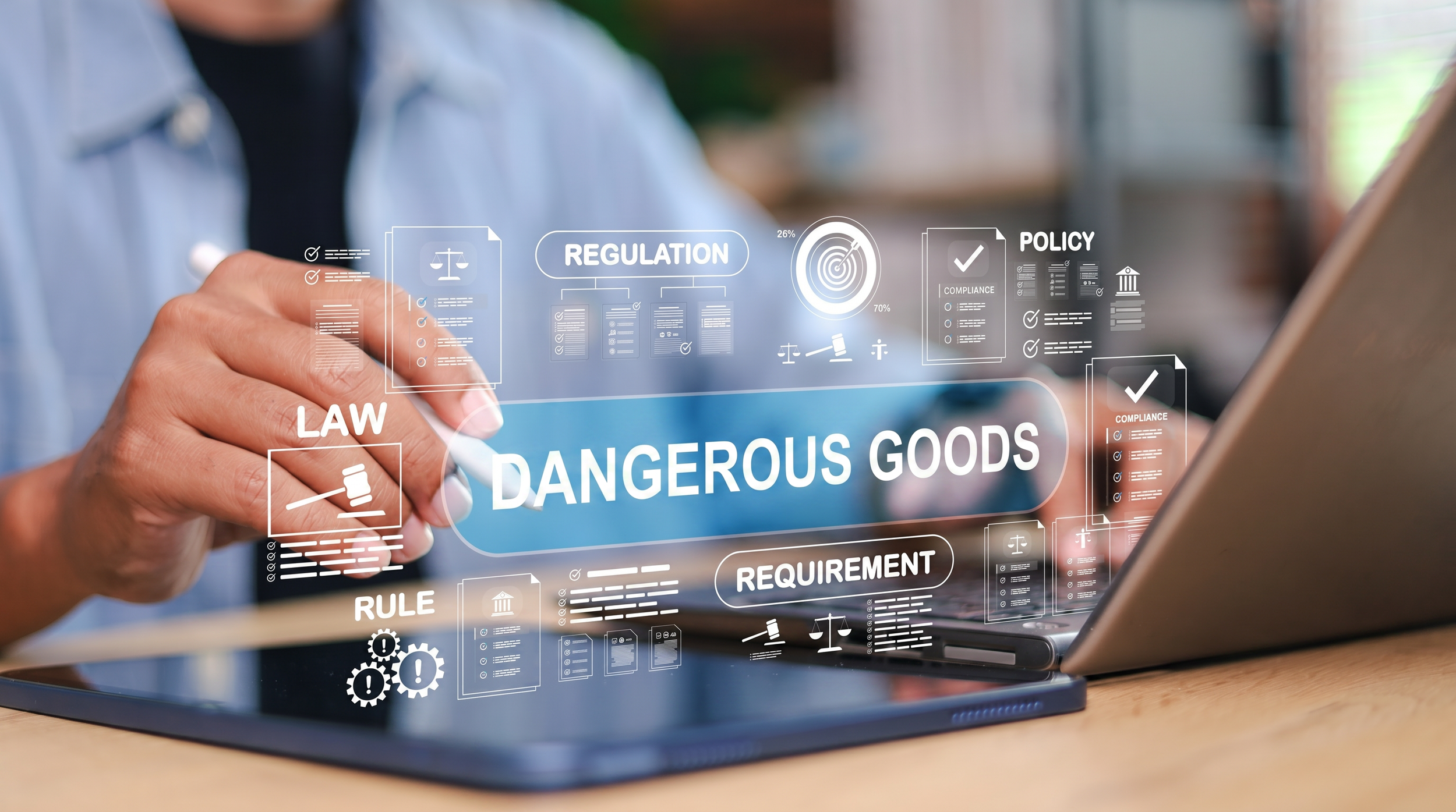A person using a laptop with a transparent overlay displaying text related to regulations and legal compliance, including words like 'Dangerous Goods', 'Law', 'Regulation', 'Policy', and 'Requirement'.