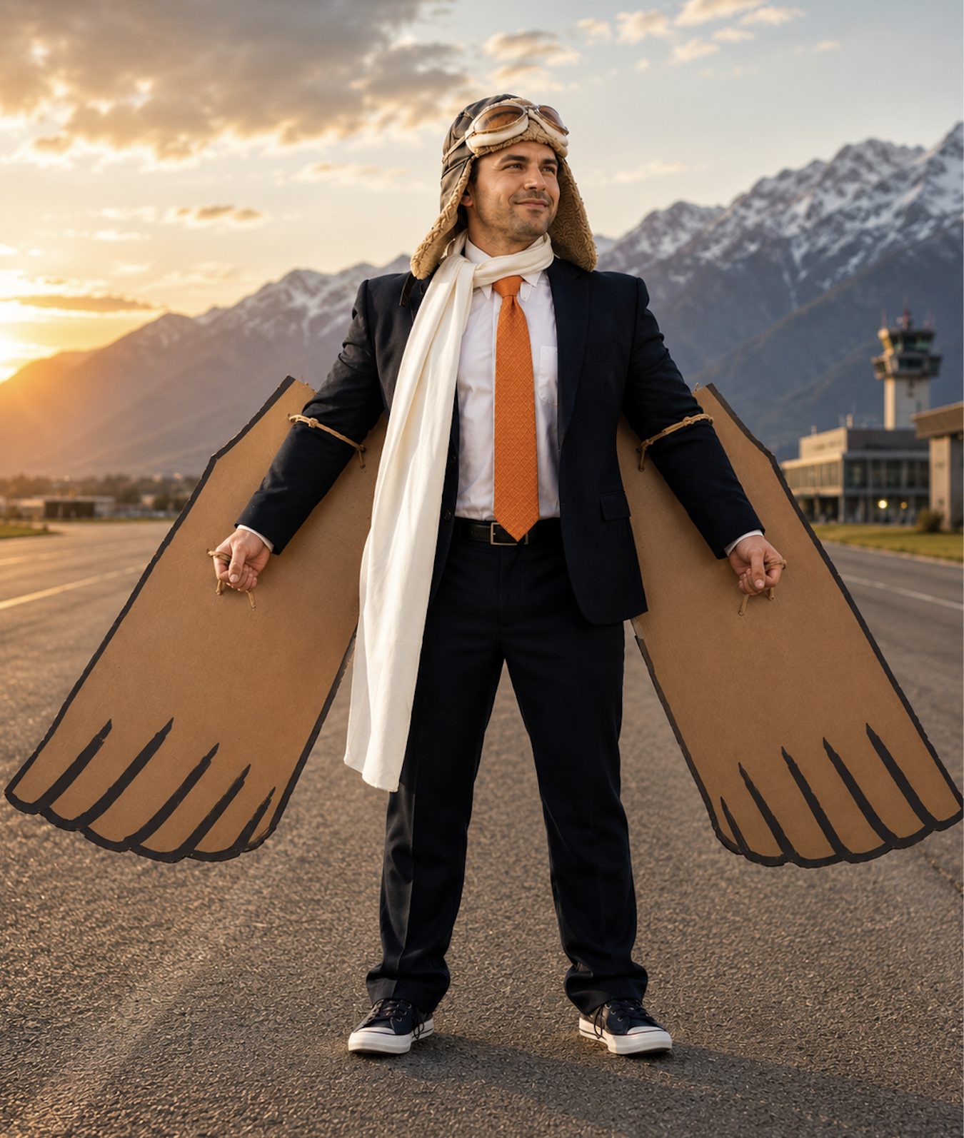 A man in a business suit with an orange tie, wearing a pilot's hat and goggles, stands in the middle of an empty airport runway during sunset, with mountain peaks in the background. He has large cardboard wings attached to his arms and is holding the edges, smiling confidently.