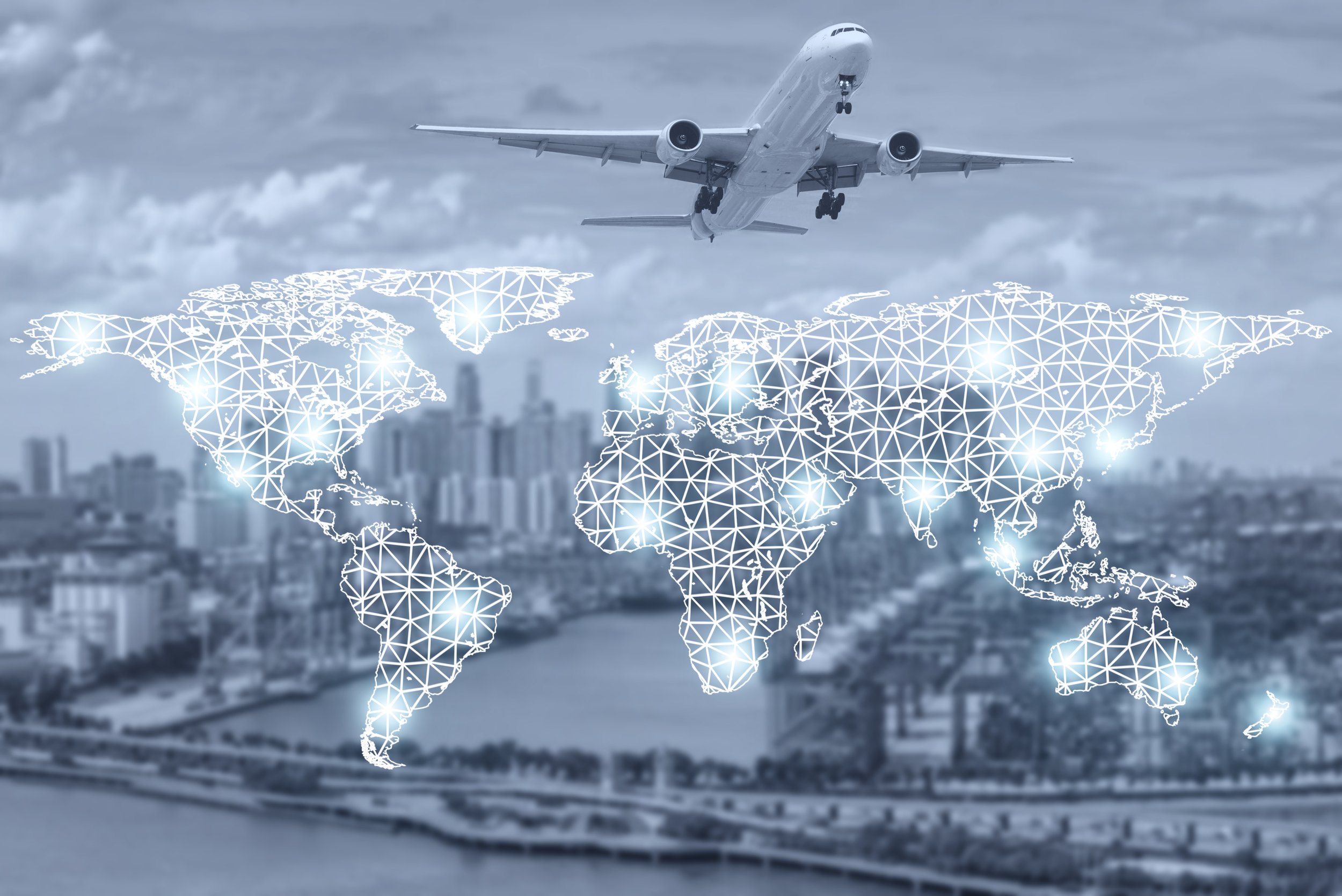 An airplane flying over a digital world map showing interconnected points, with a cityscape and river below.