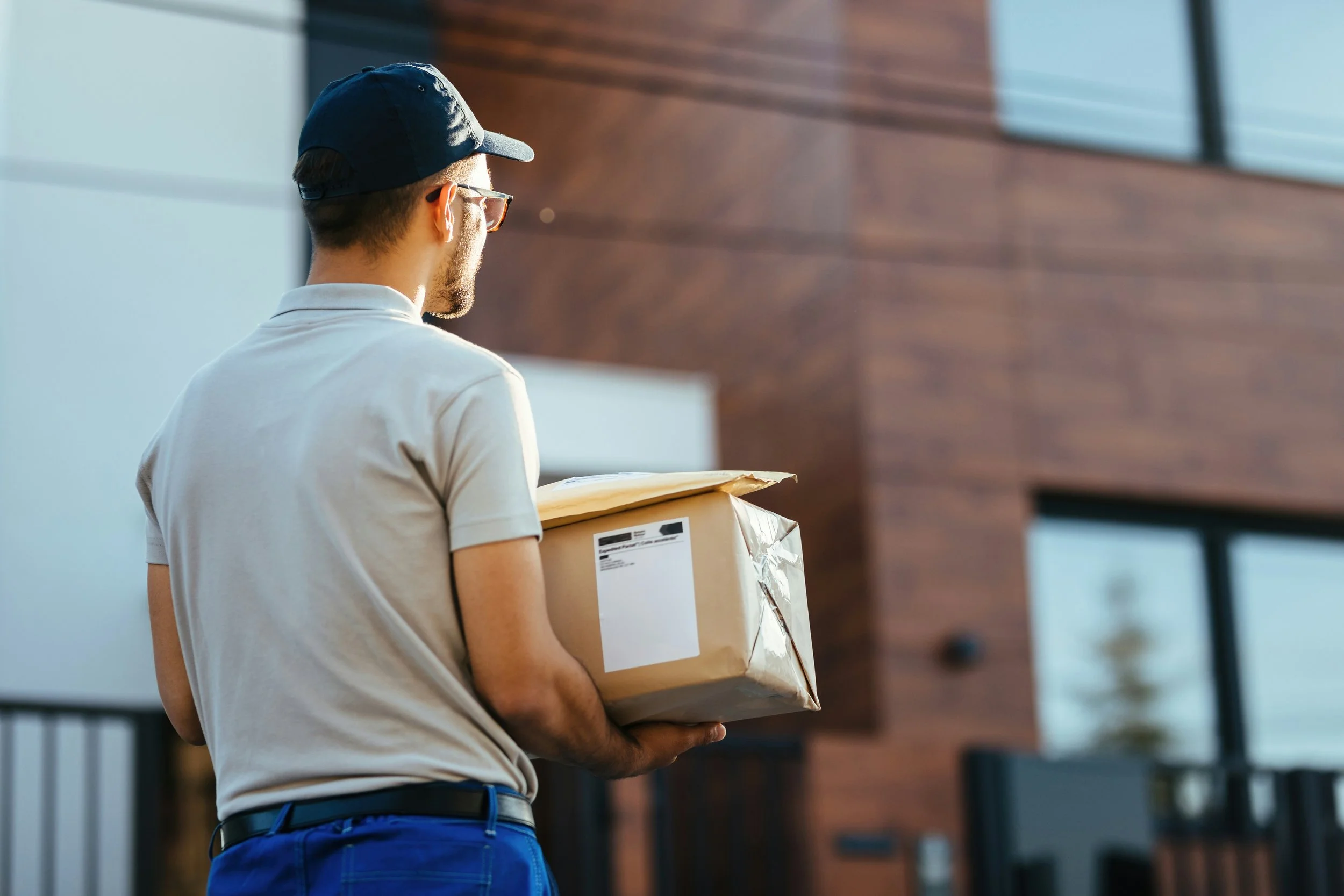 A young man wearing a baseball cap and sunglasses carrying a cardboard box outdoors.