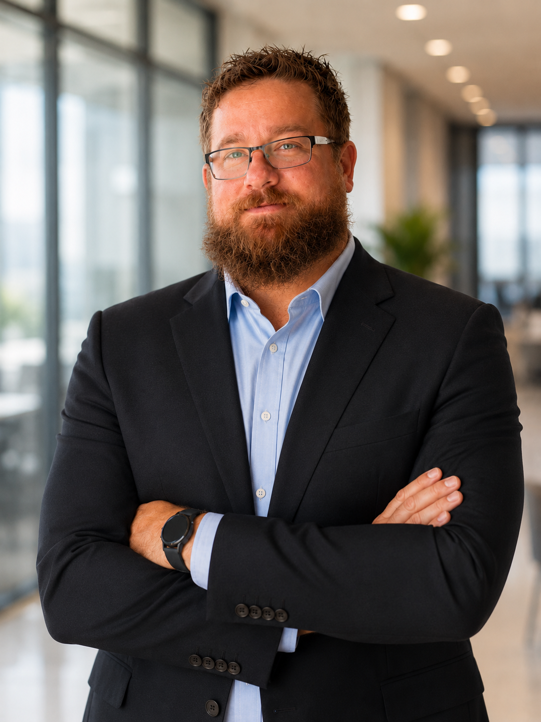 A bearded man wearing glasses, a black suit, and a blue dress shirt standing with arms crossed in a modern office.