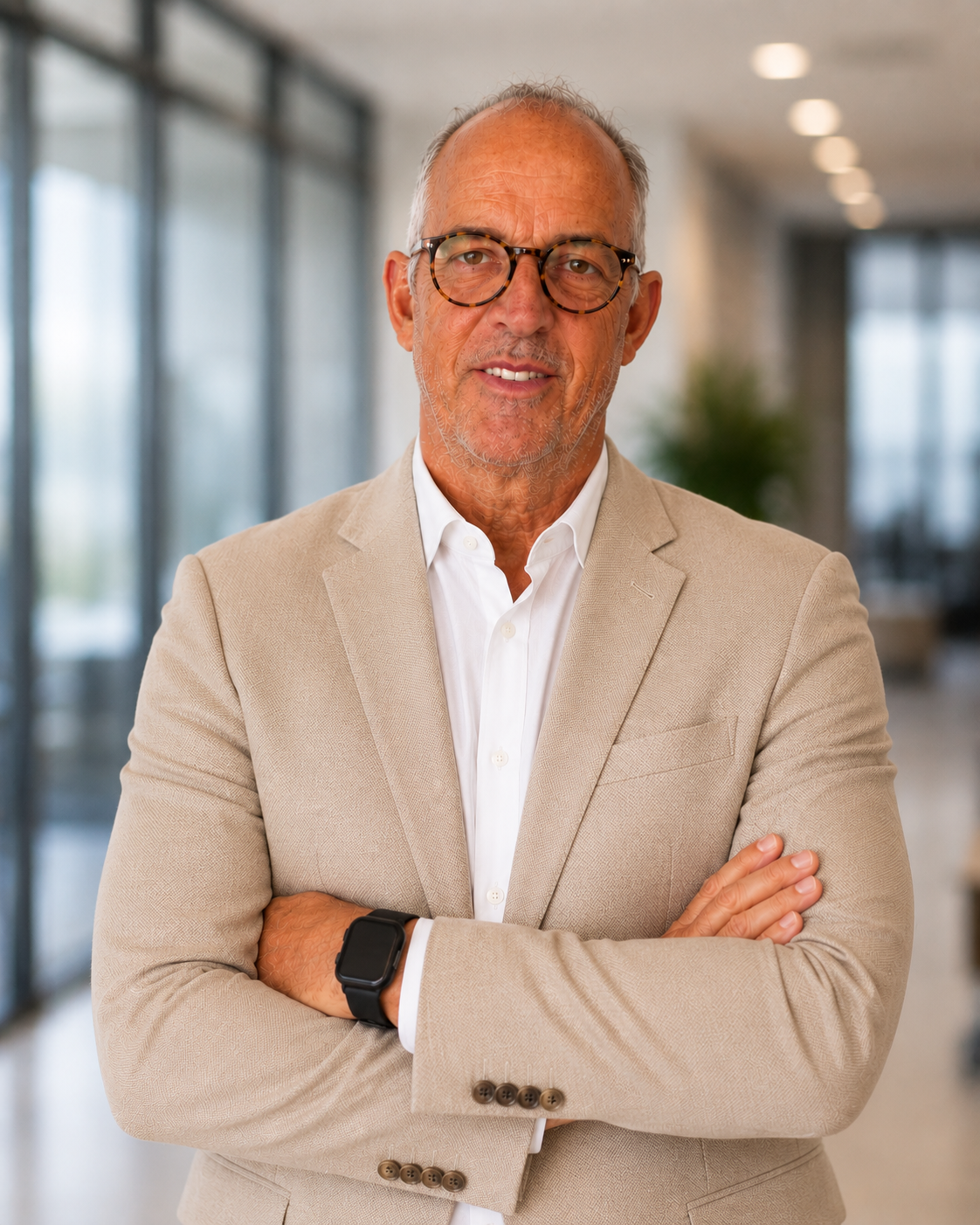 Portrait of a senior man in a beige blazer and white shirt, wearing glasses and a smartwatch, standing with arms crossed in a modern office with large windows.