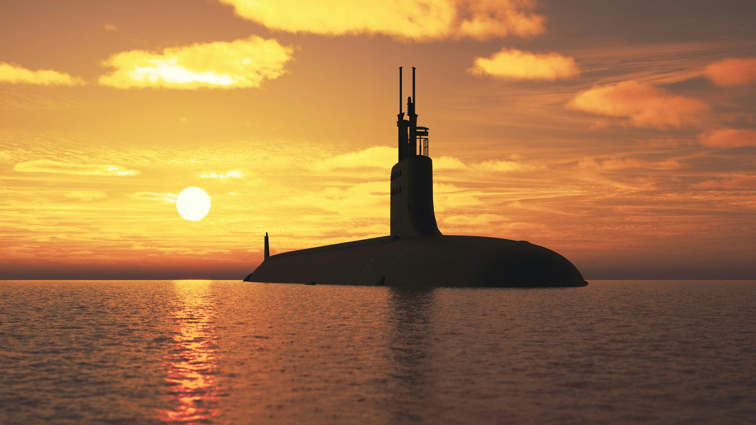 A submarine partially submerged in water at sunset, with a bright sun and a colorful sky with clouds in the background.