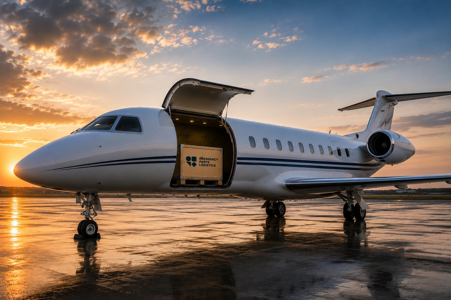 Private jet aircraft on tarmac at sunset, cargo door open with a wooden crate labeled Emergency Parts Logistics inside.