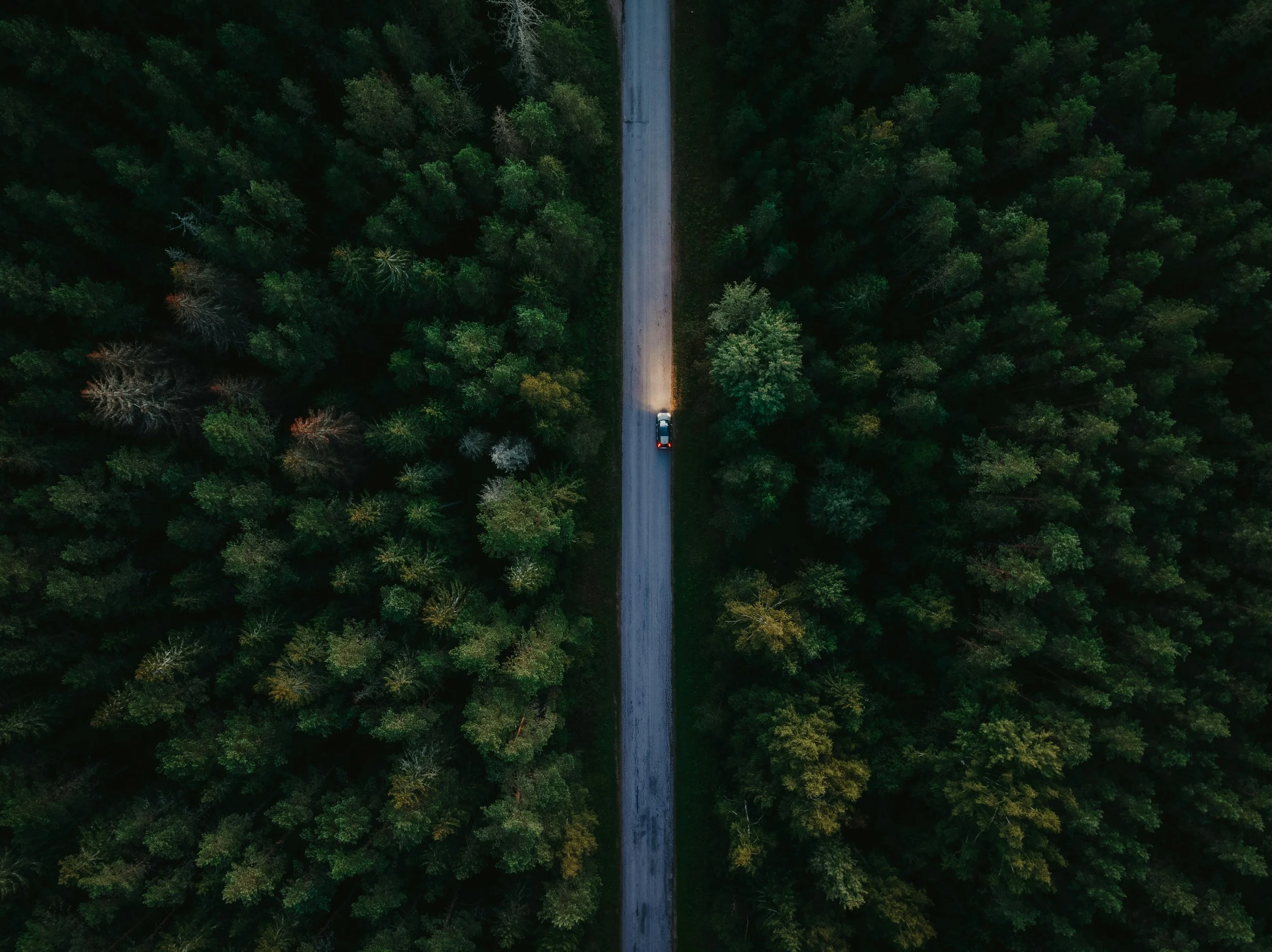 An aerial view of a narrow road cutting through a dense green forest with a single vehicle visible on the road.