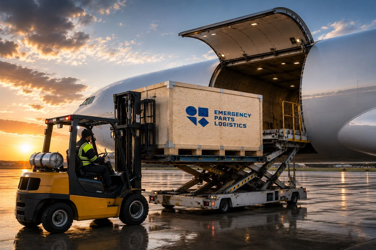 A forklift lifting a wooden crate labeled 'Emergency Parts Logistics' into the cargo hold of an airplane at sunset.