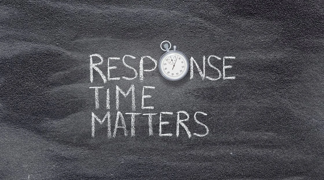 Chalkboard with the words "Response Time Matters" written in chalk and a stopwatch above the "O" in "Response".