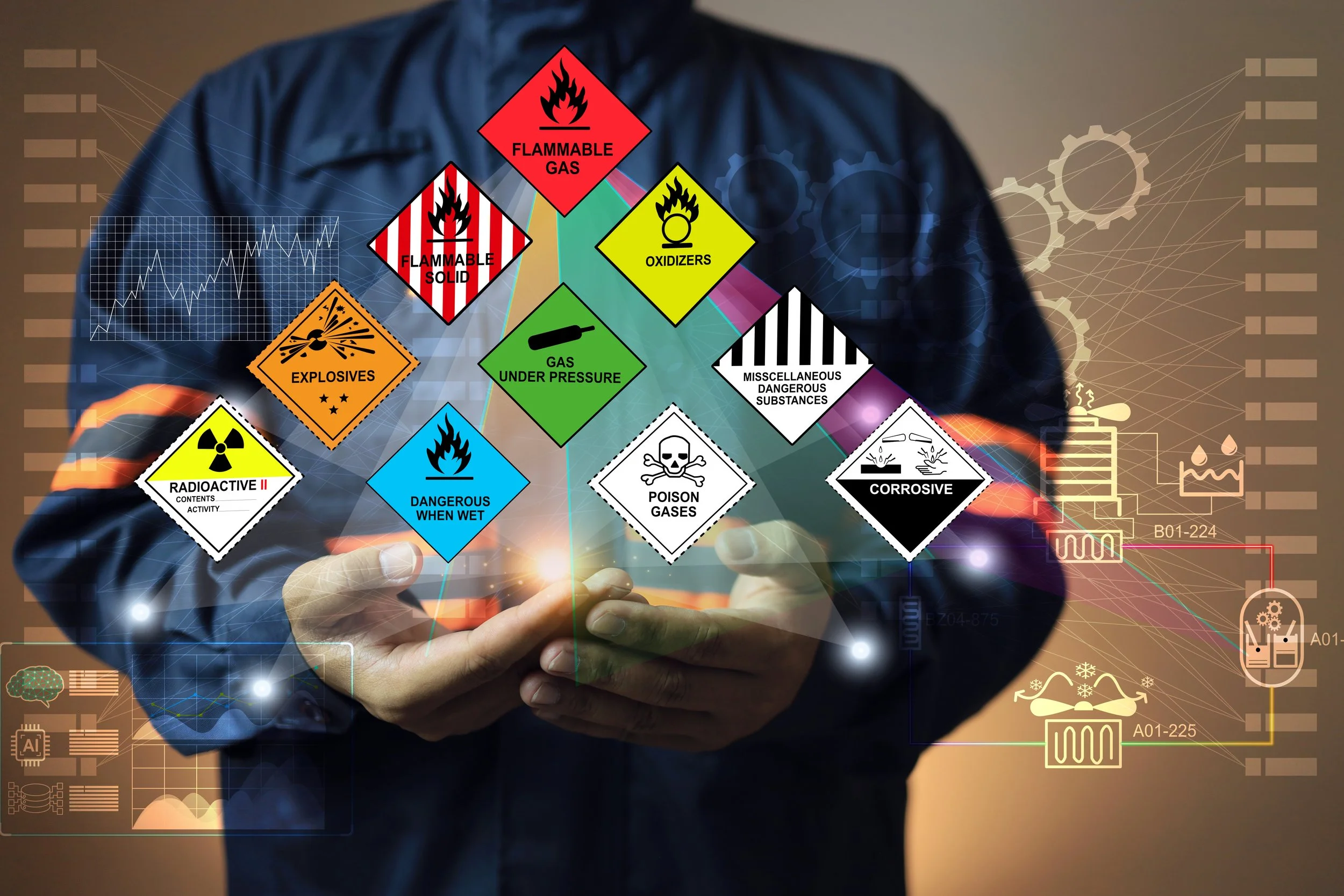 A person in a dark blue jacket is standing and presenting digital hazard labels and symbols related to flammable gases, explosives, radioactive materials, poisons, corrosive substances, dangerous when wet, and miscellaneous dangerous substances. The background includes digital interface icons and graphics.