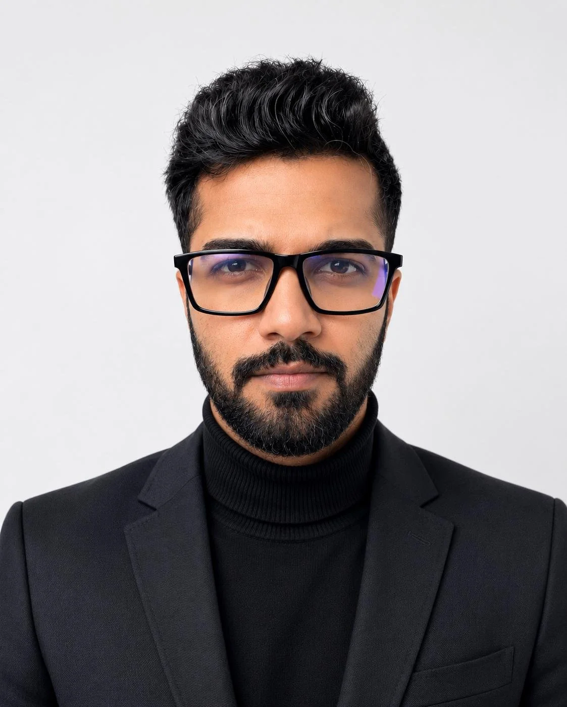 A man with dark hair and beard, wearing glasses and a black turtleneck and blazer, looking directly at the camera against a plain light gray background.