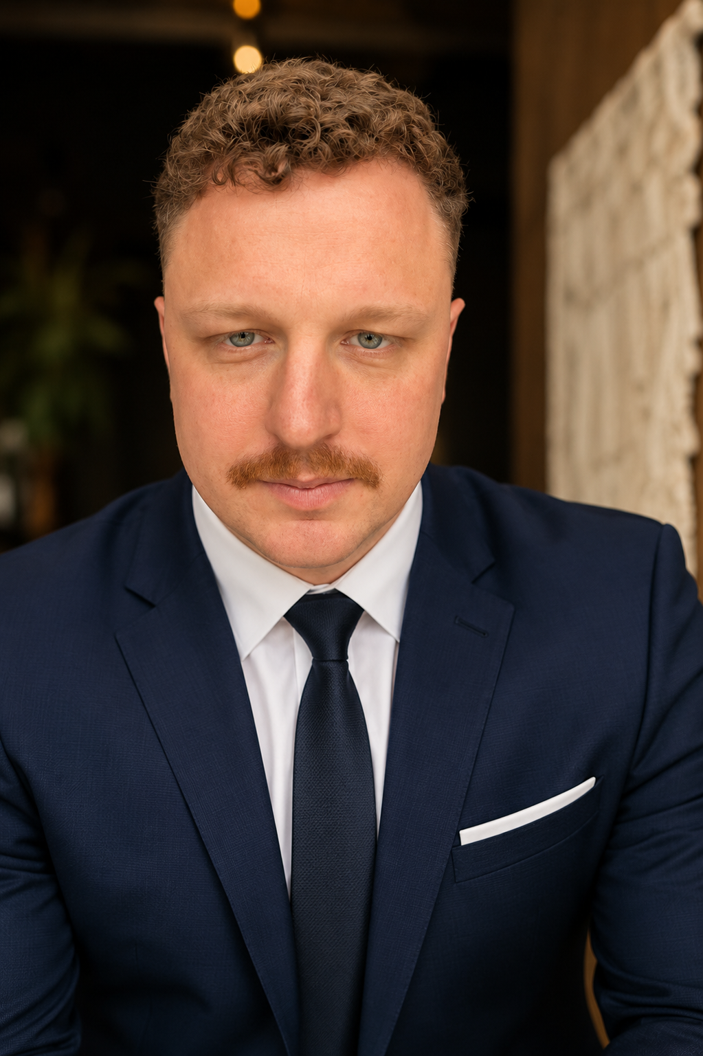 A man in a navy blue suit with a white shirt and black tie, has curly light brown hair and a mustache, looking directly at the camera with a serious expression.