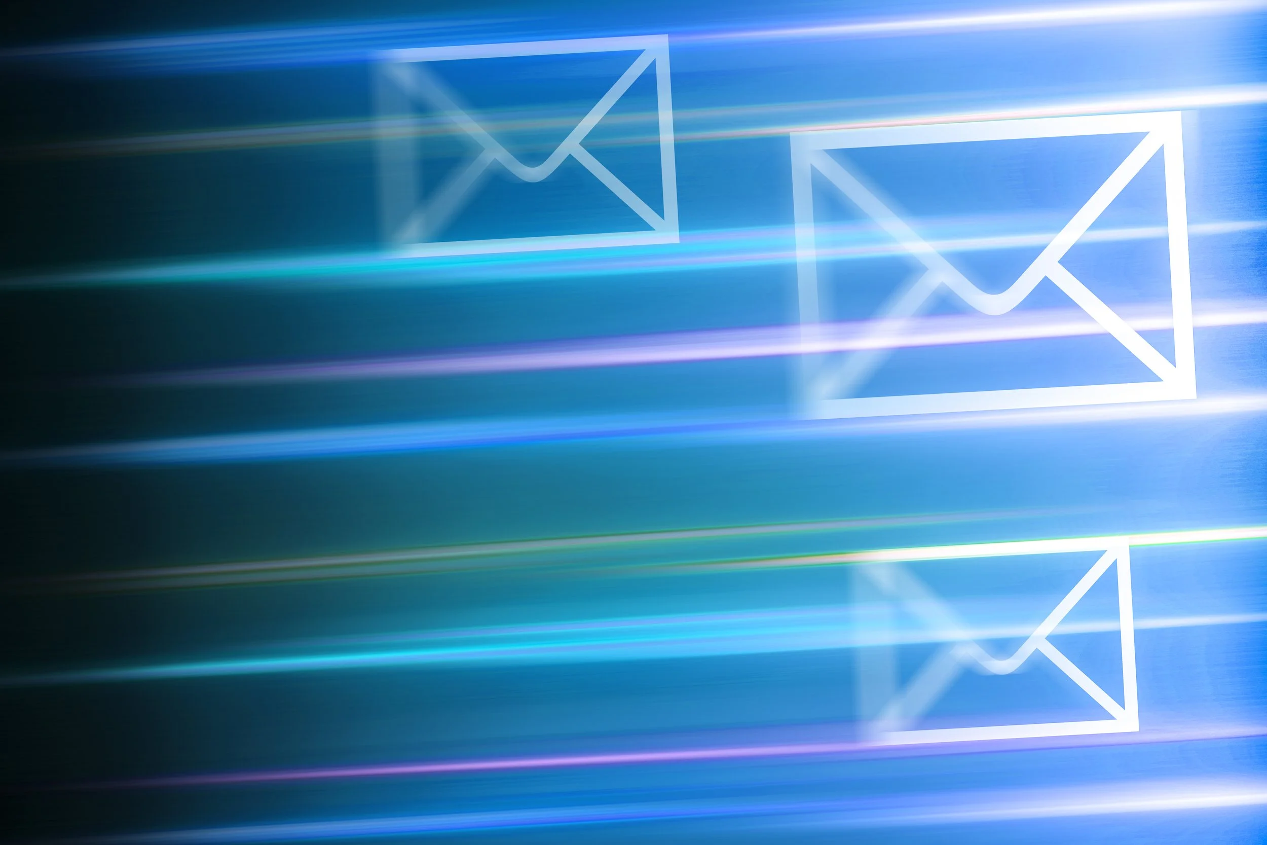 Digital graphic of blue, white, and purple lines with envelope icons representing email or communication, with a glowing, futuristic style.