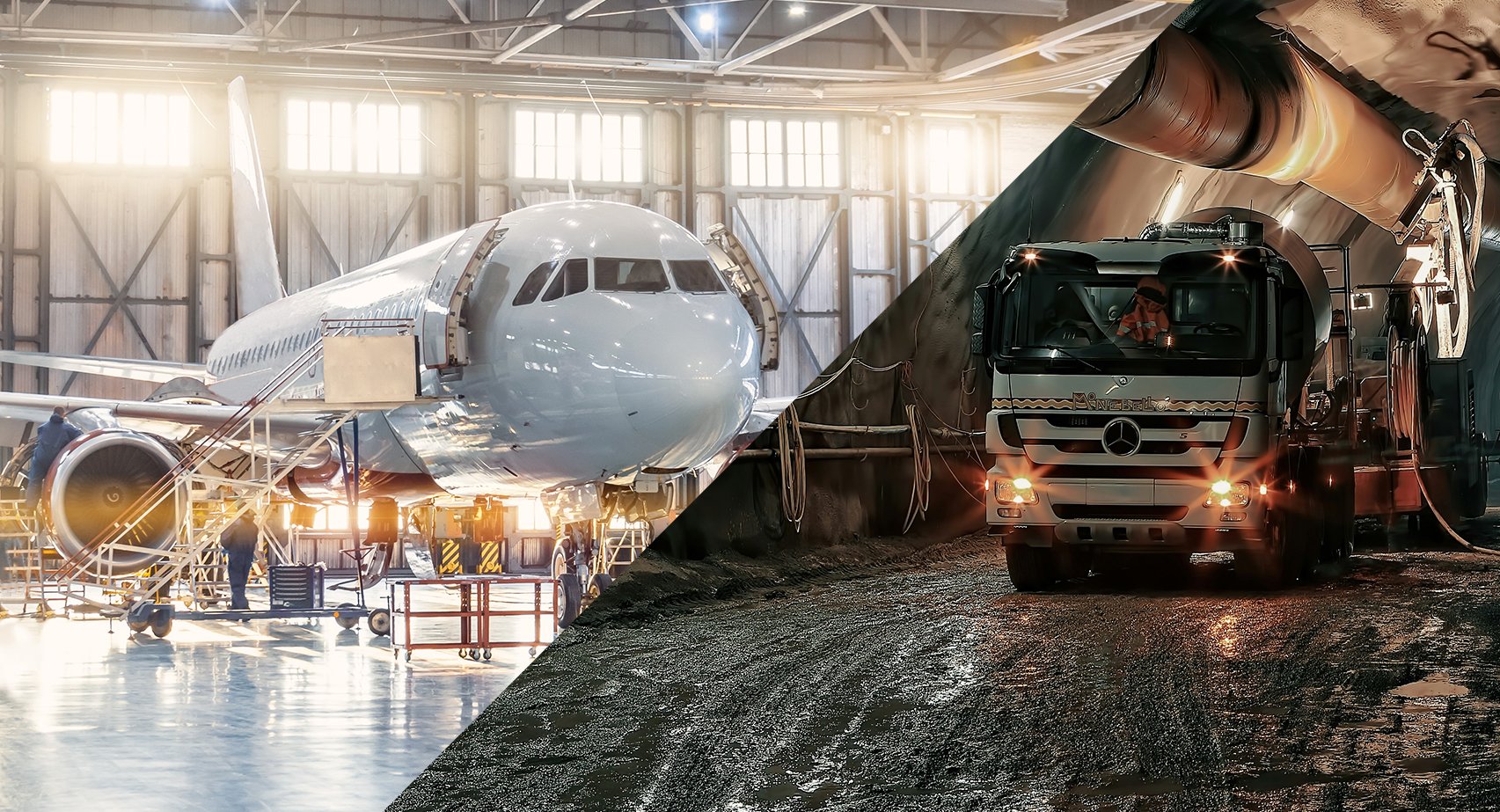 Split image showing an airplane in a hangar on the left and a cement mixer truck on a construction site at night on the right.