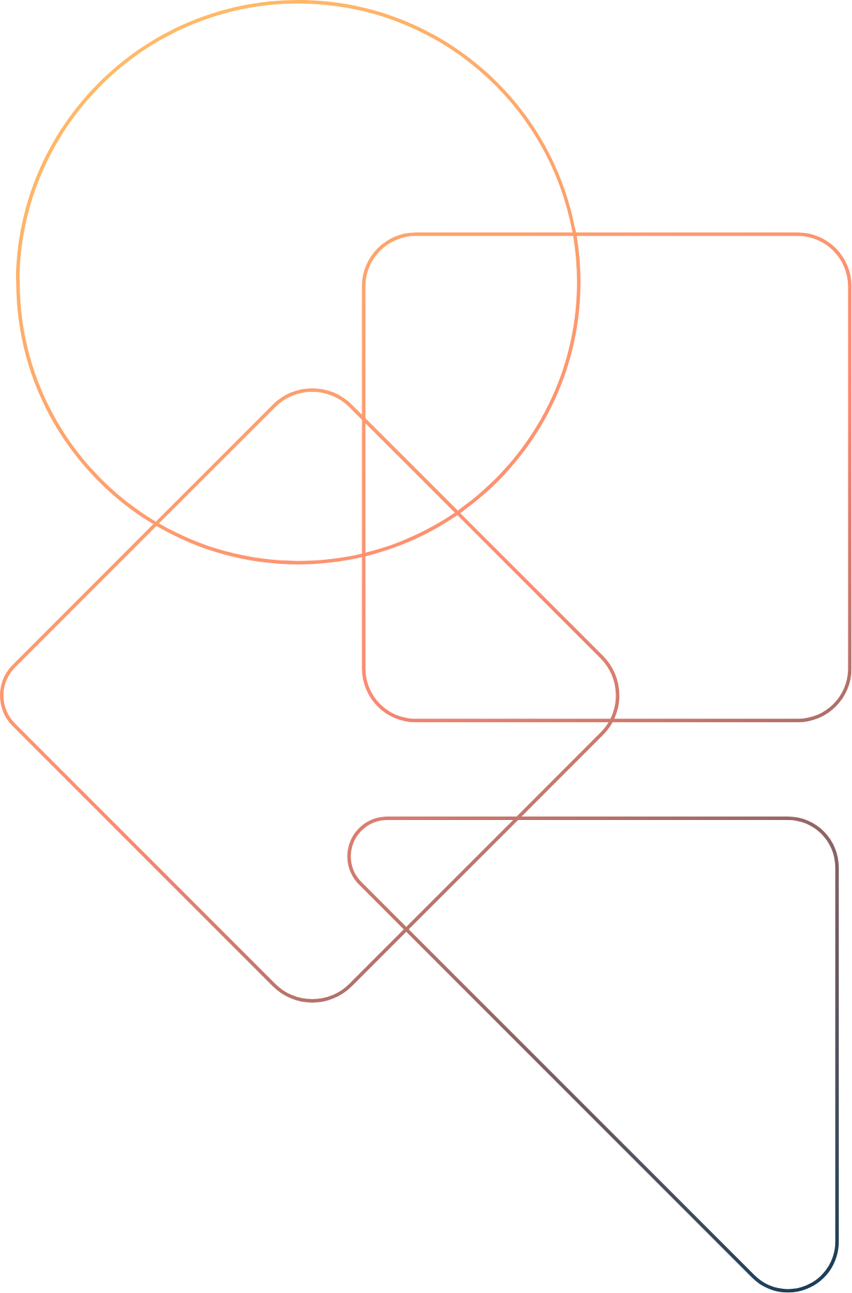 Outline of overlapping geometric shapes on a black background with orange, pink, and purple lines.