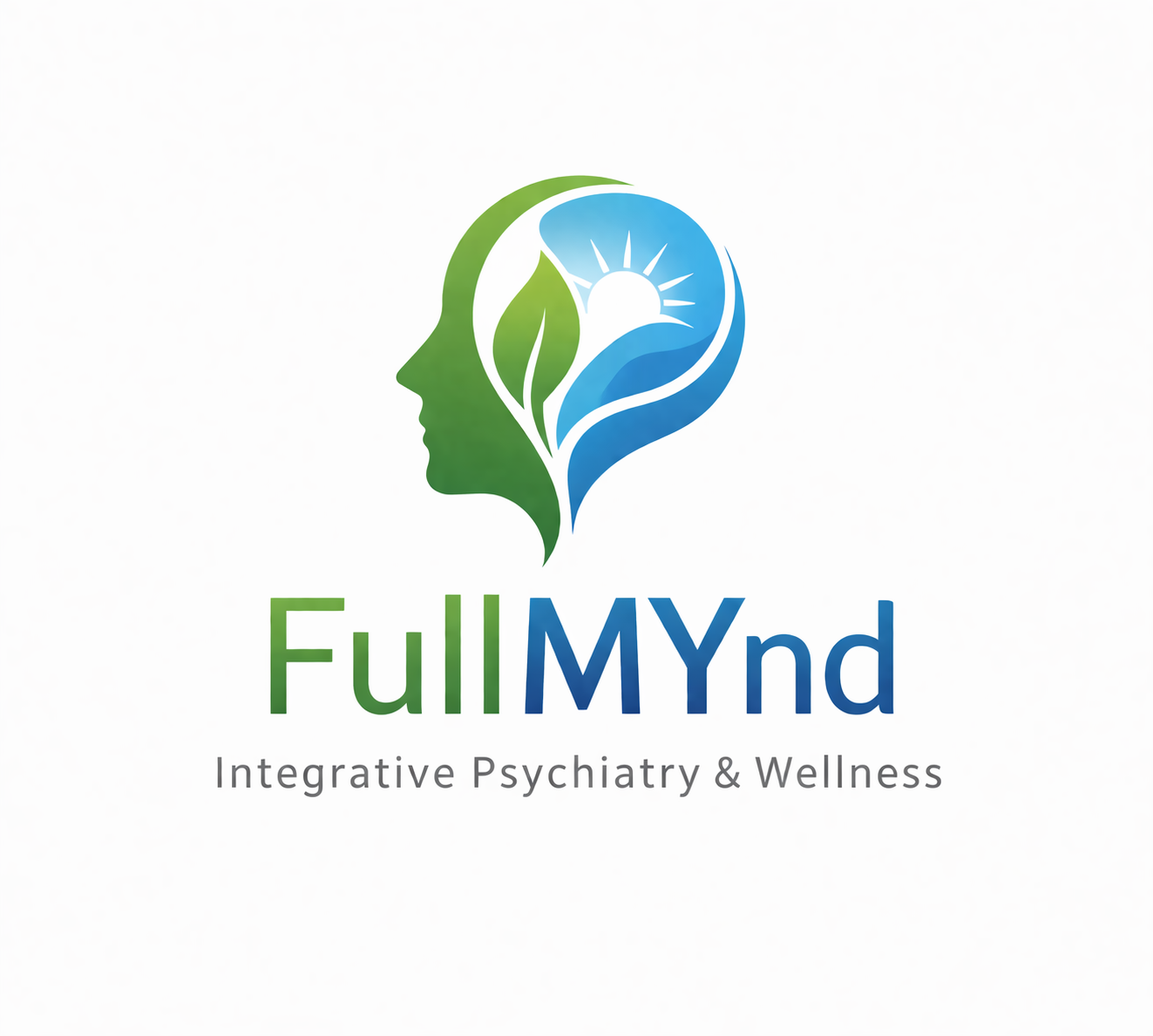 Logo for Full MYnd, an integrative psychiatry and wellness organization. The logo features a stylized human head with a green and blue color scheme, a sunrise symbol, and the text "FullMYnd" beneath, followed by the tagline "Integrative Psychiatry & Wellness."