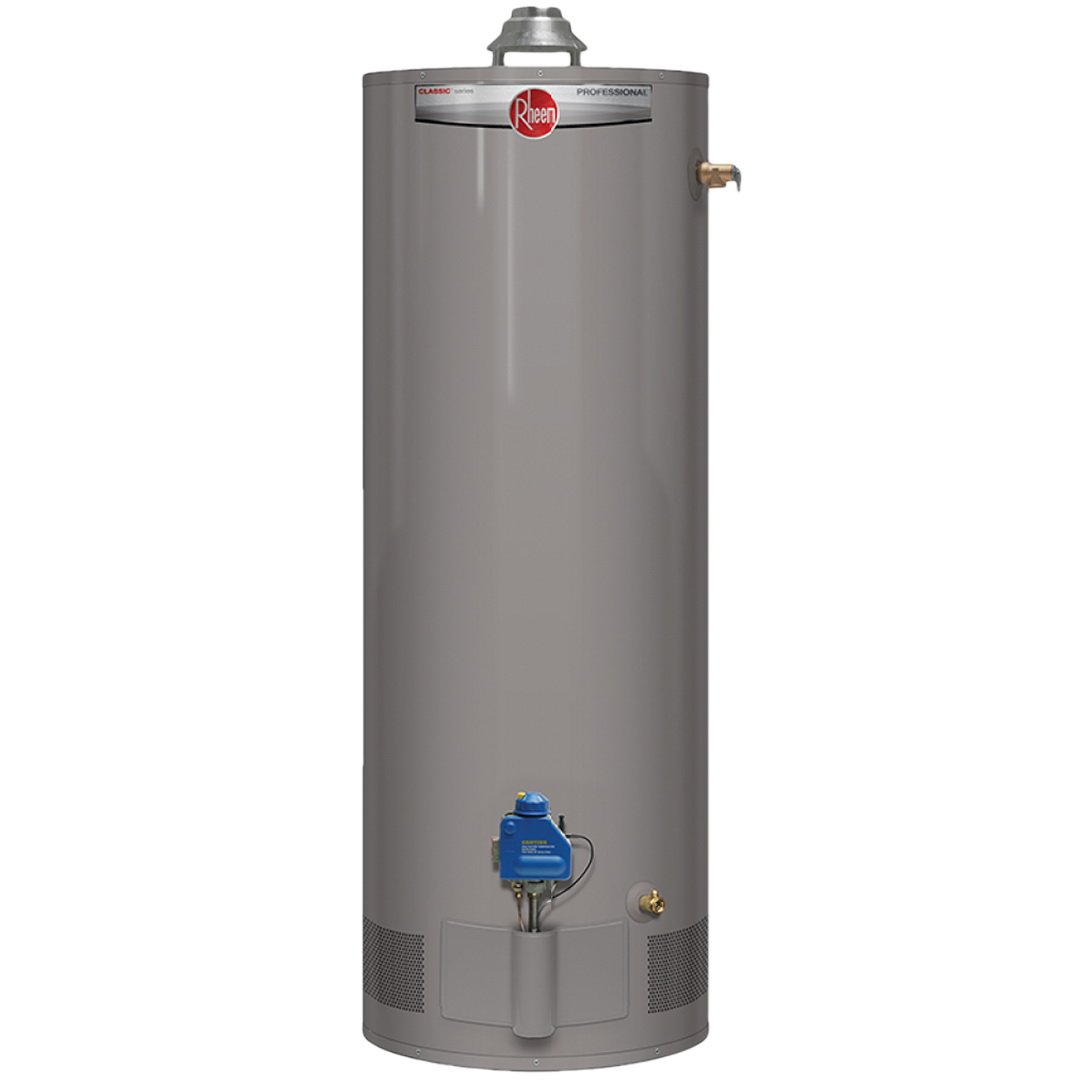 A tall, gray Rheem brand water heater with a red logo near the top and a blue control panel near the bottom.