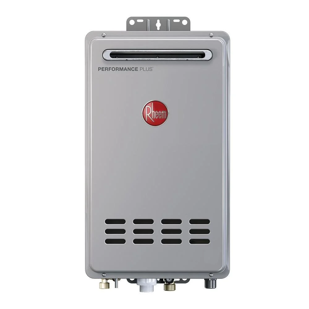 A Rheem Performance Plus tankless water heater in silver color with vents and connections at the bottom.