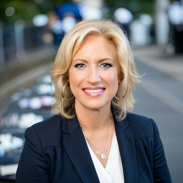 Portrait of a smiling blonde woman in a navy blazer and white top outdoors.