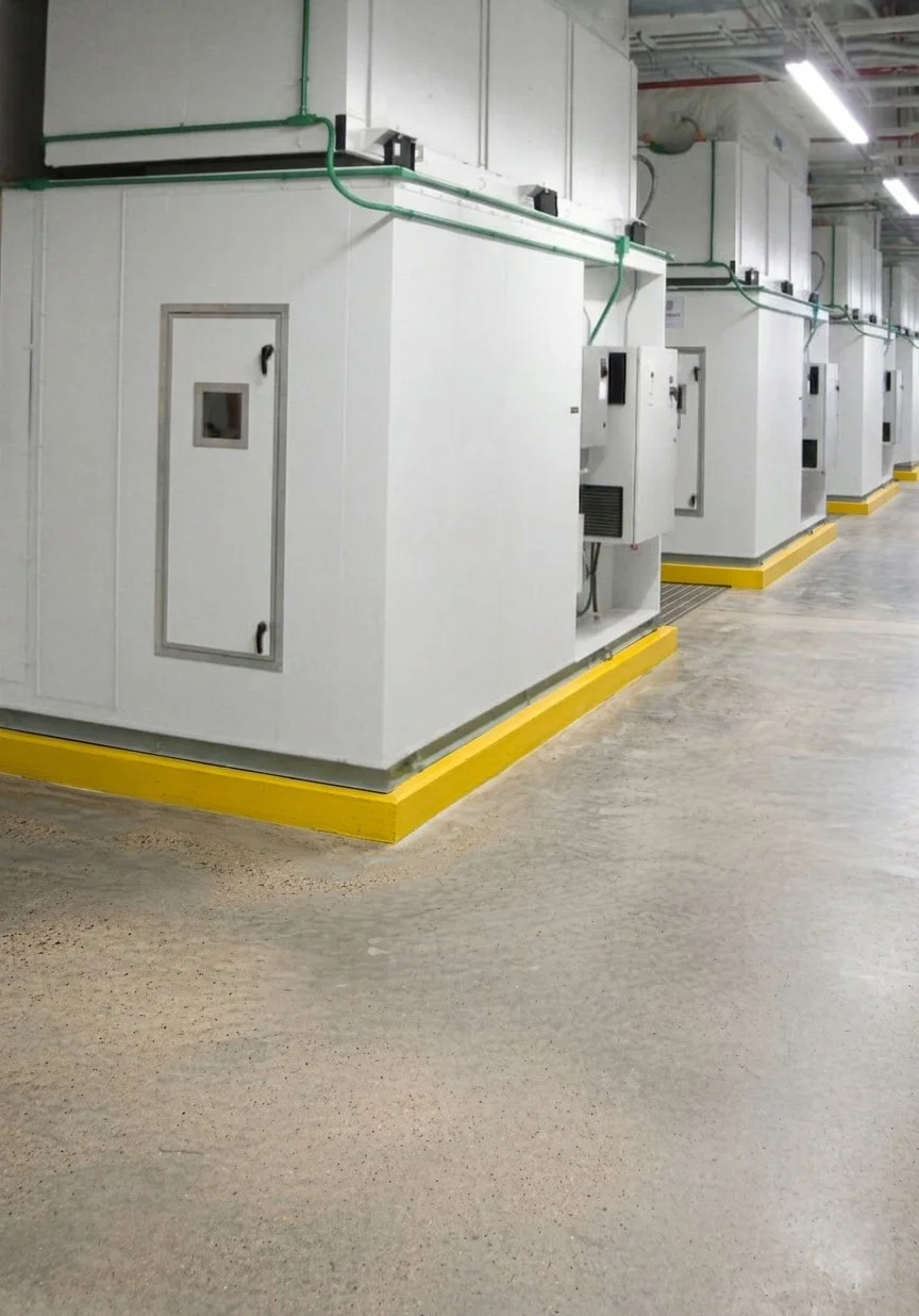 Data Center specific HVAC equipment with white panels, green cables, and yellow safety bumpers in a clean, well-lit critical environment.