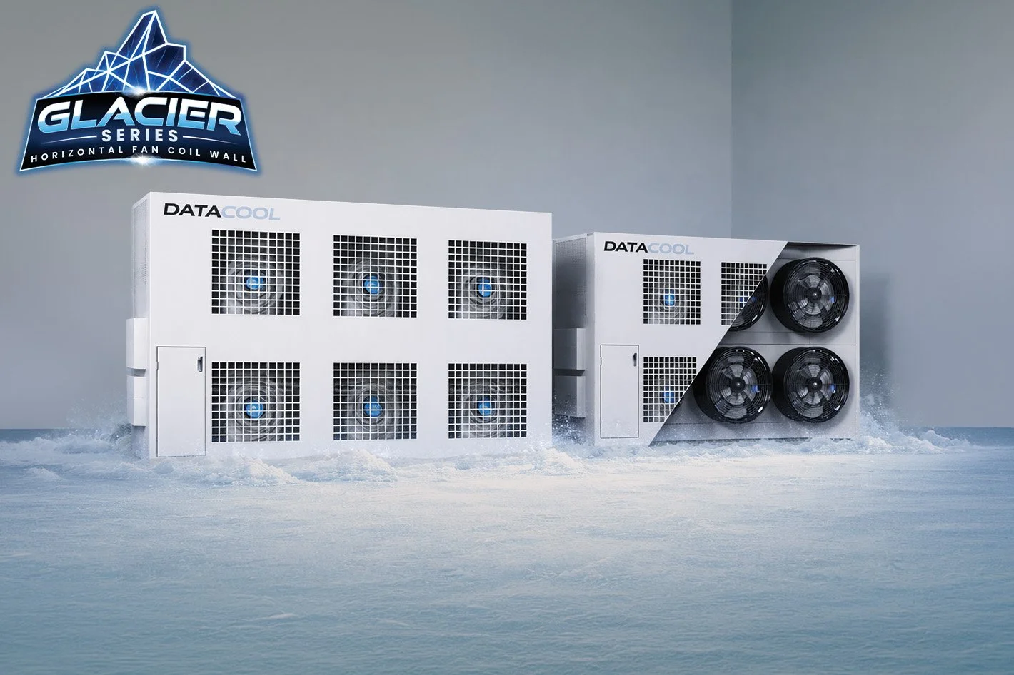 Two large industrial cooling units labeled 'DATACOOL' on a snowy landscape with overcast sky, featuring fans and vents, with a 'GLACIER SERIES' sign in the top left corner that reads "horizontal fan coil wall"