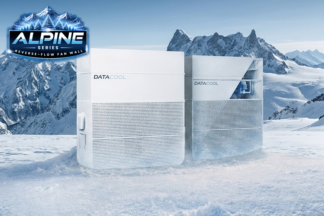 Two white Alpine cooling units labeled 'DATACOOL' on a snowy surface, with a gray background and a logo in the top left corner that reads 'ALPINE SERIES REVERSE-FLOW FAN WALL' with snow-capped mountains.